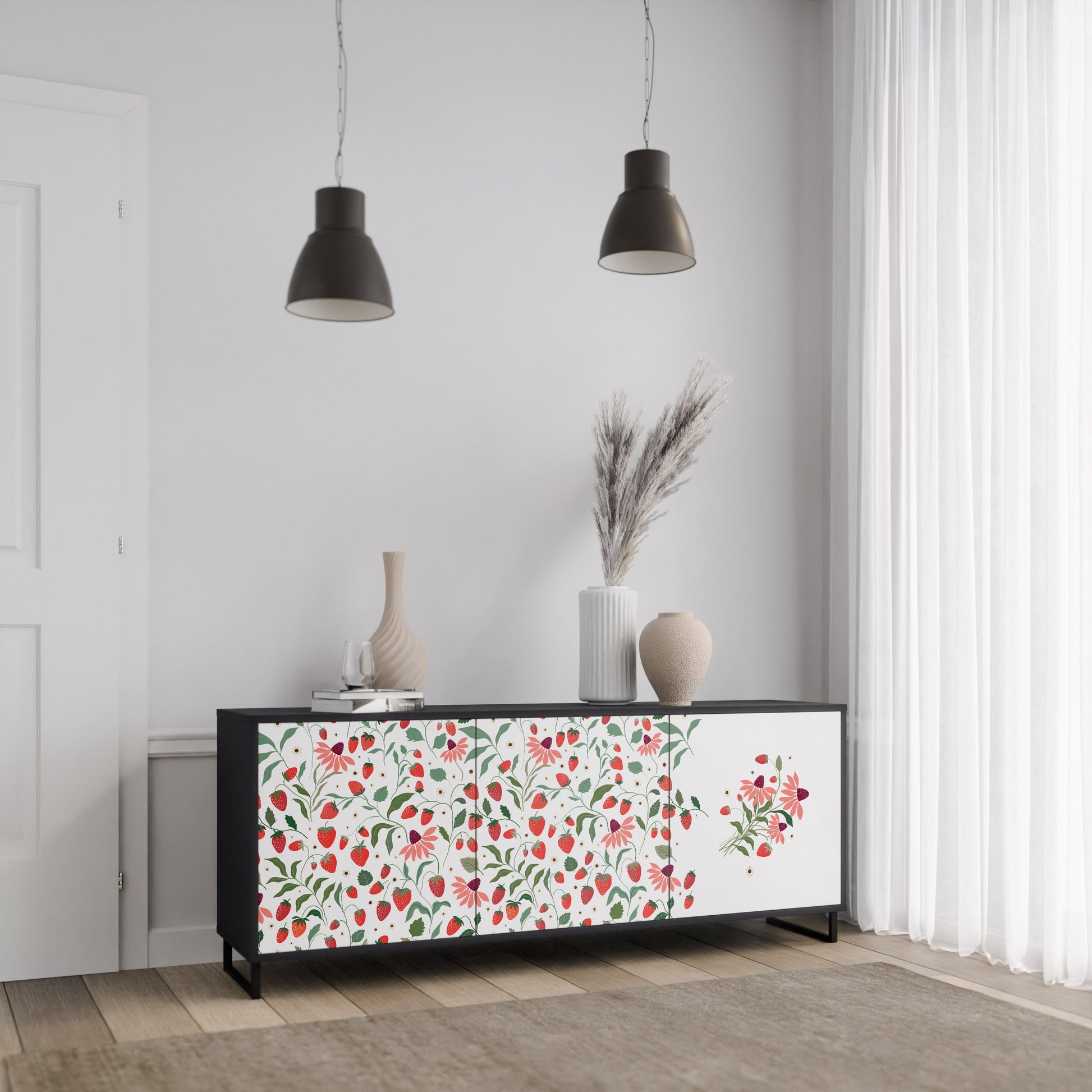 Buffet 3 portes FLOWERS AND STRAWBERRIES en finition noire