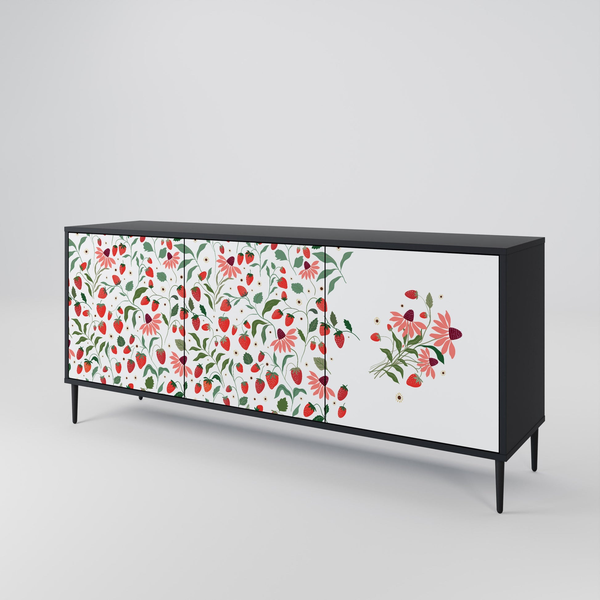 Buffet 3 portes FLOWERS AND STRAWBERRIES en finition noire