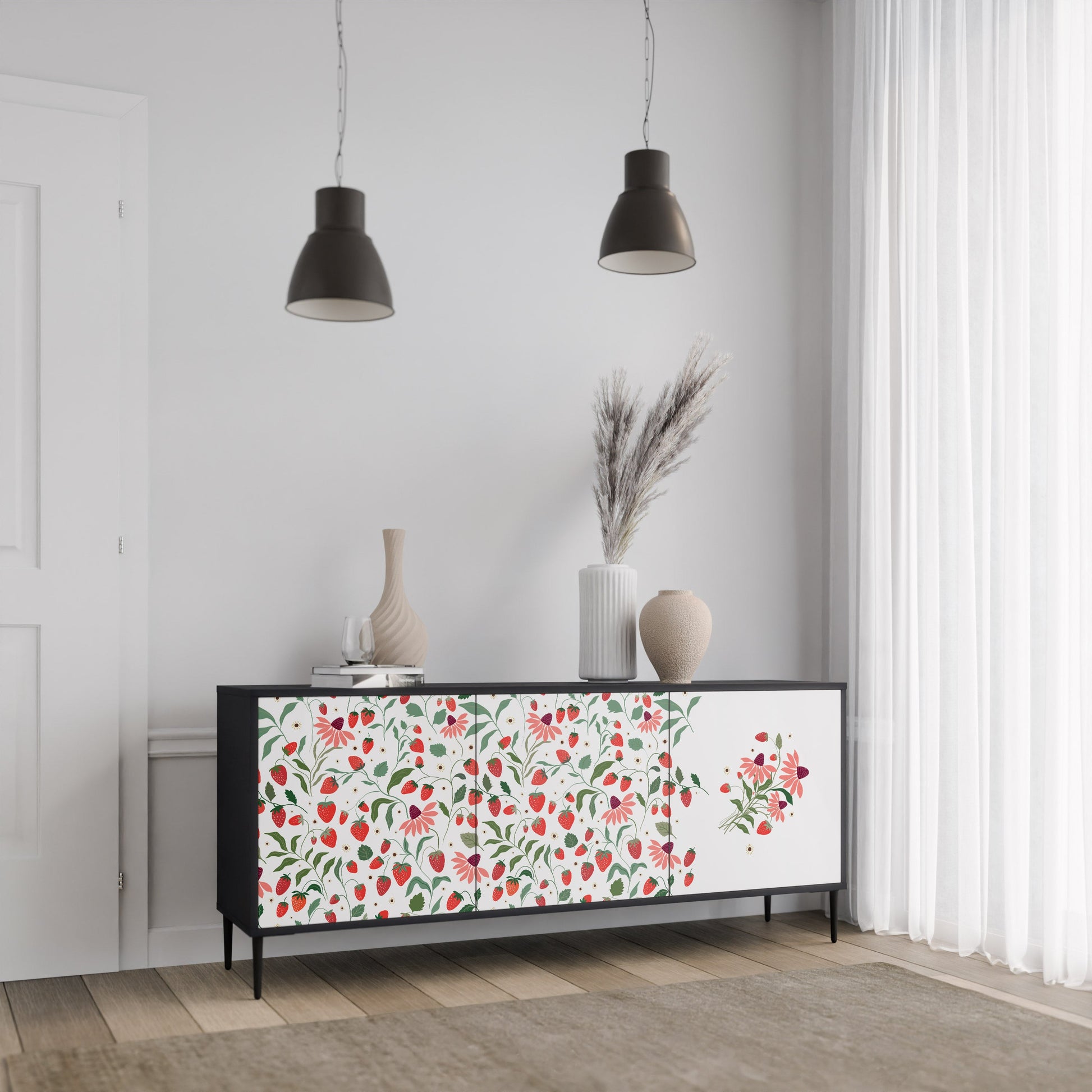 Buffet 3 portes FLOWERS AND STRAWBERRIES en finition noire
