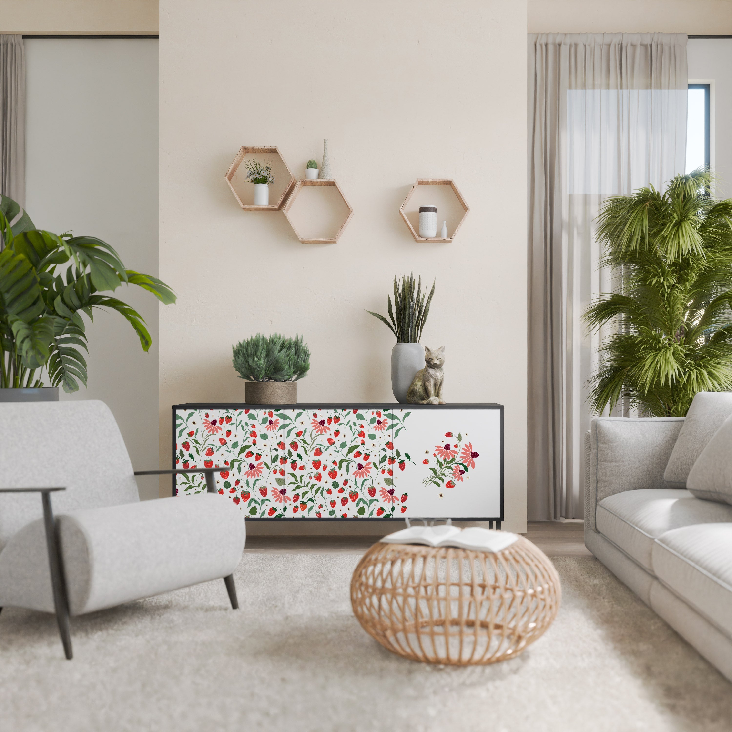 Buffet 3 portes FLOWERS AND STRAWBERRIES en finition noire