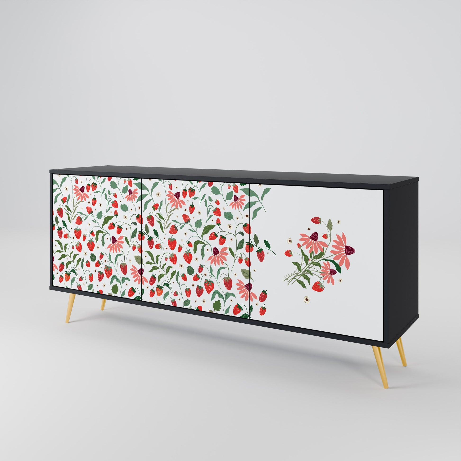 Buffet 3 portes FLOWERS AND STRAWBERRIES en finition noire