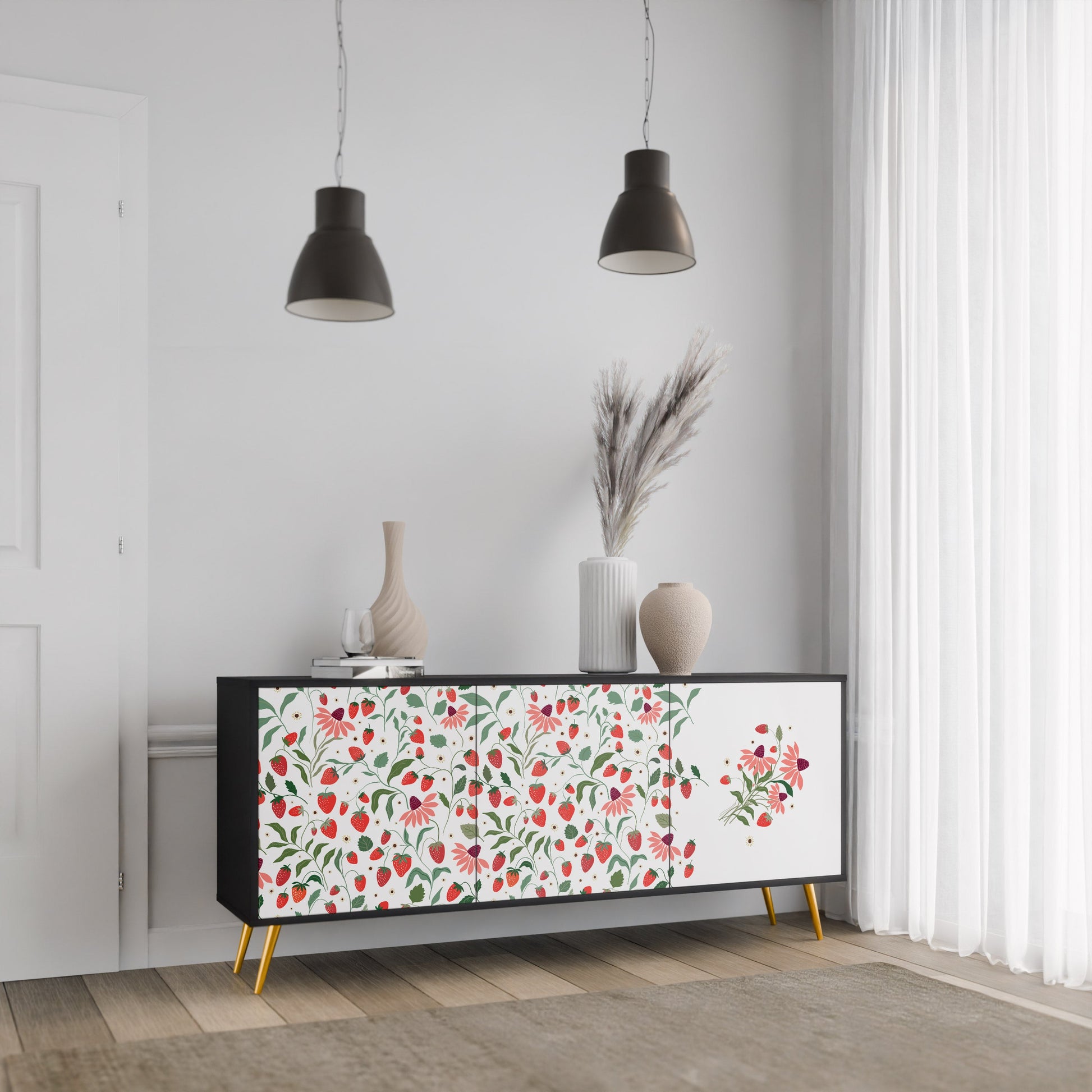 Buffet 3 portes FLOWERS AND STRAWBERRIES en finition noire