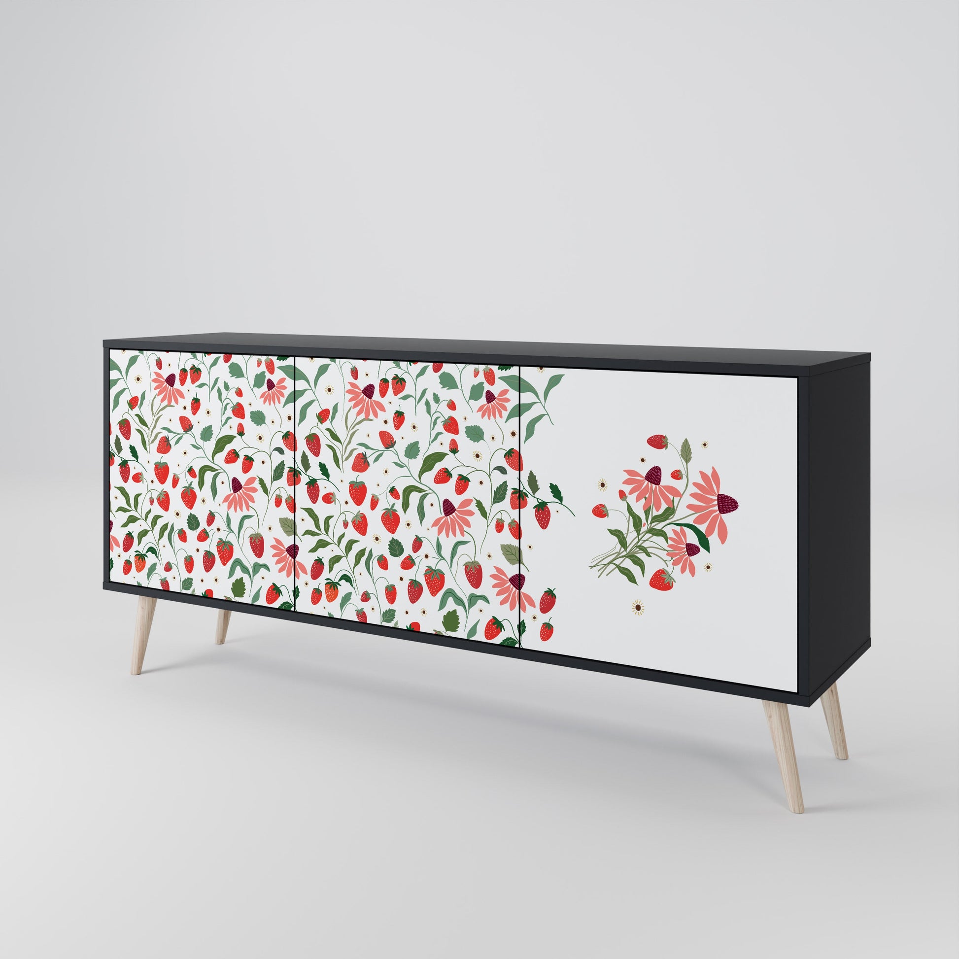 Buffet 3 portes FLOWERS AND STRAWBERRIES en finition noire