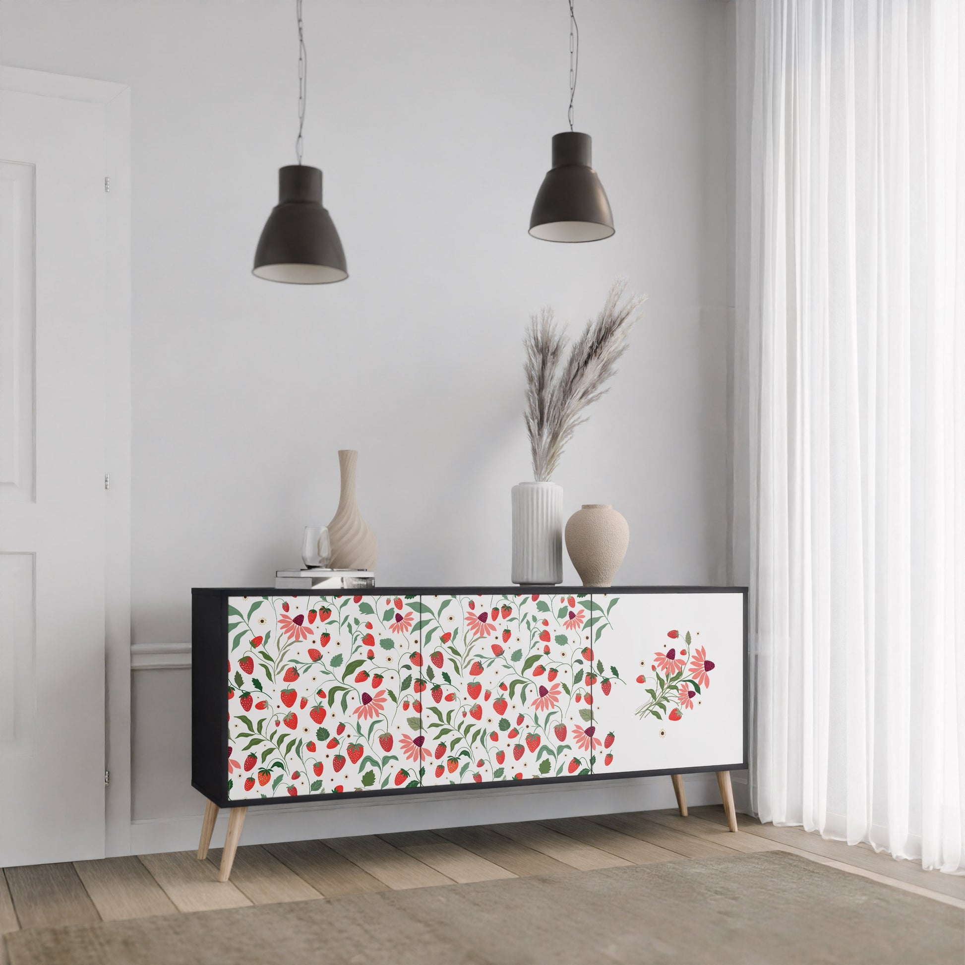 Buffet 3 portes FLOWERS AND STRAWBERRIES en finition noire