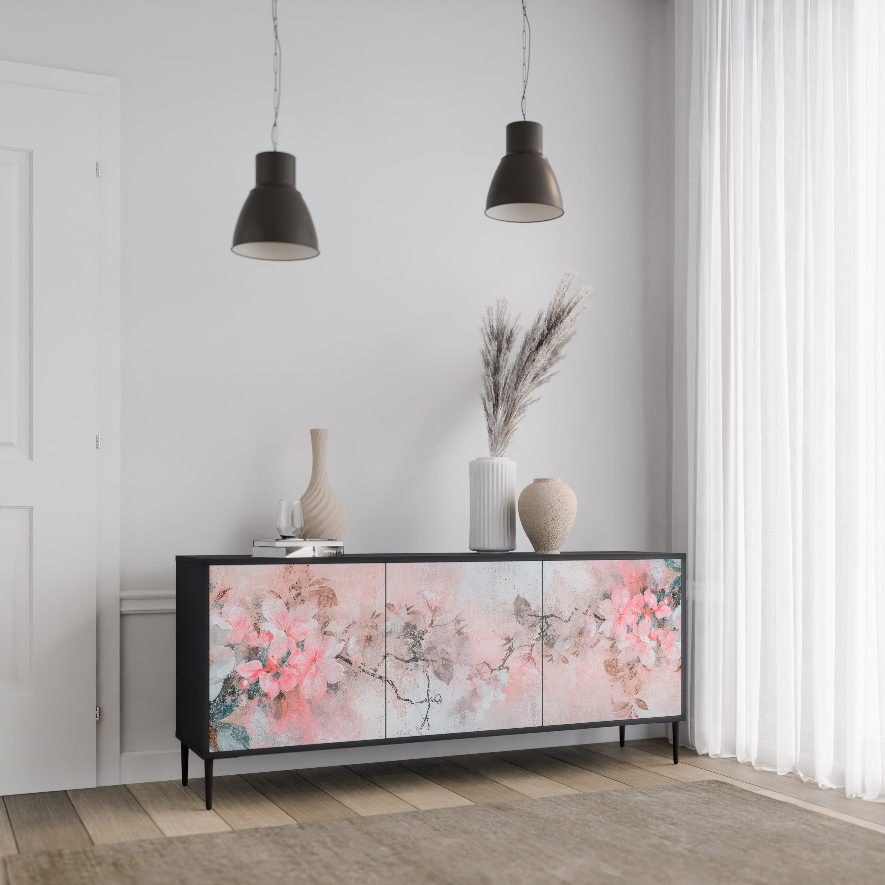 Buffet 3 portes CHERRY BLOSSOM finition noire