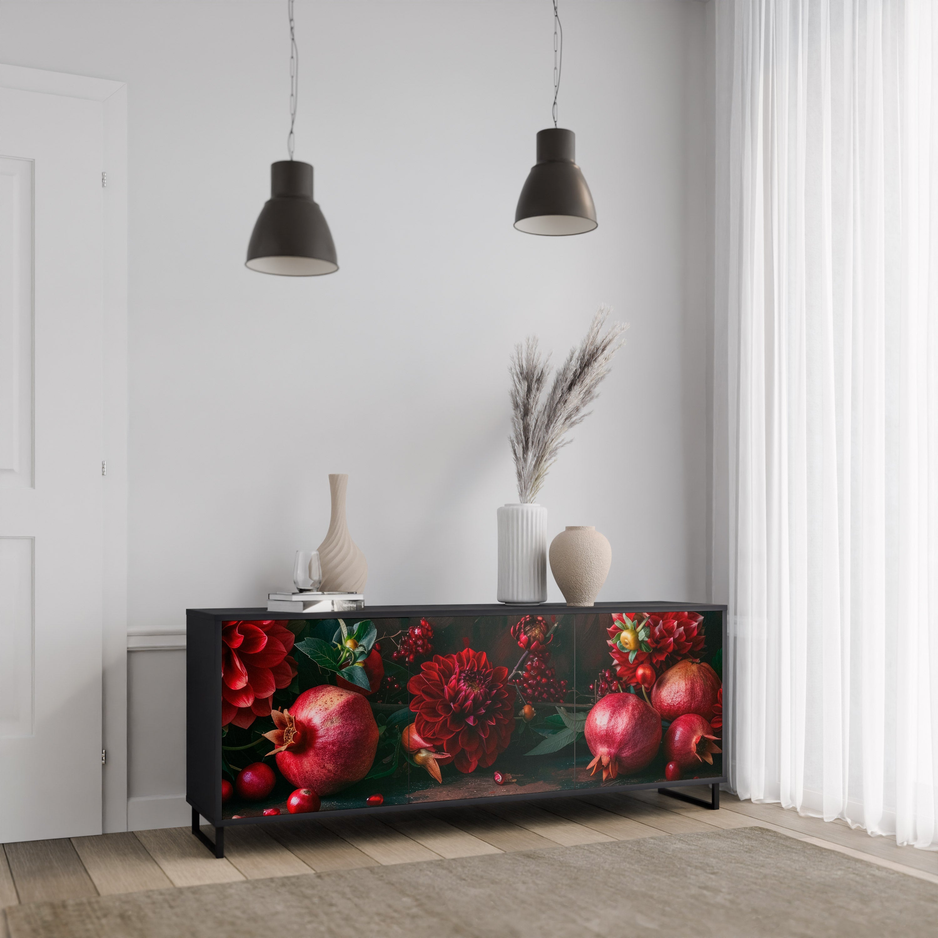 Buffet 3 portes DAHLIAS ET GRENADES en finition noire