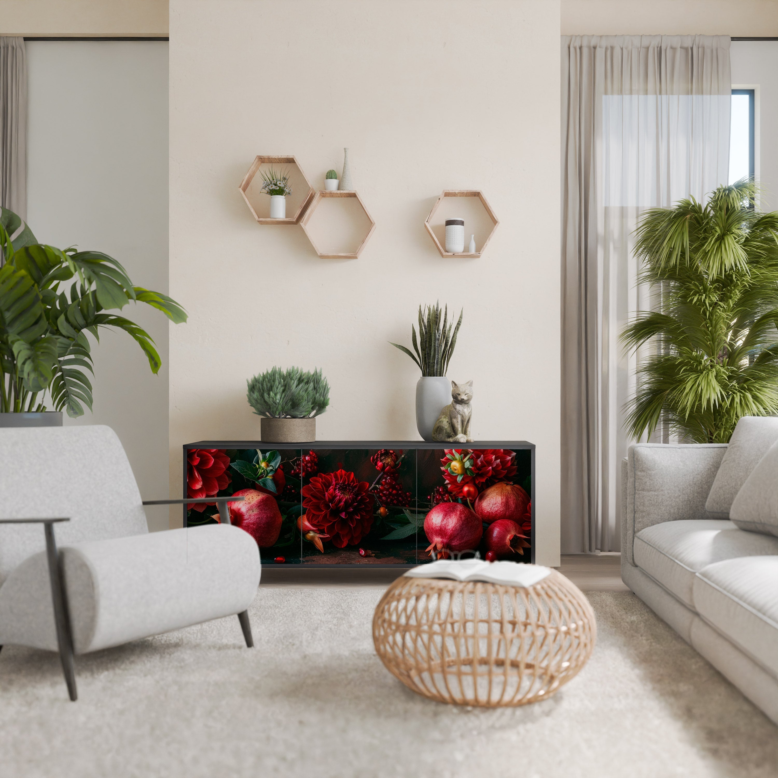 Buffet 3 portes DAHLIAS ET GRENADES en finition noire