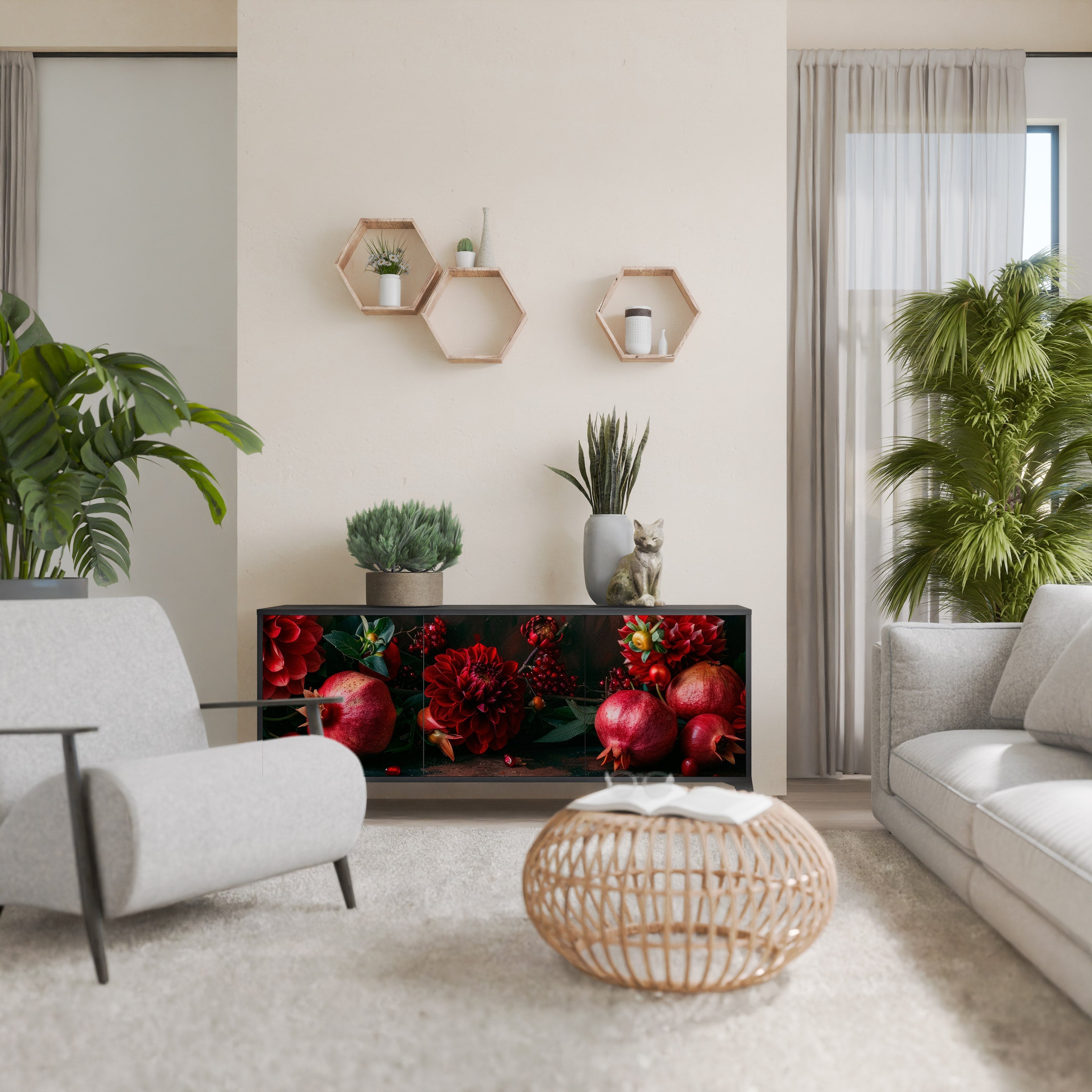 Buffet 3 portes DAHLIAS ET GRENADES en finition noire