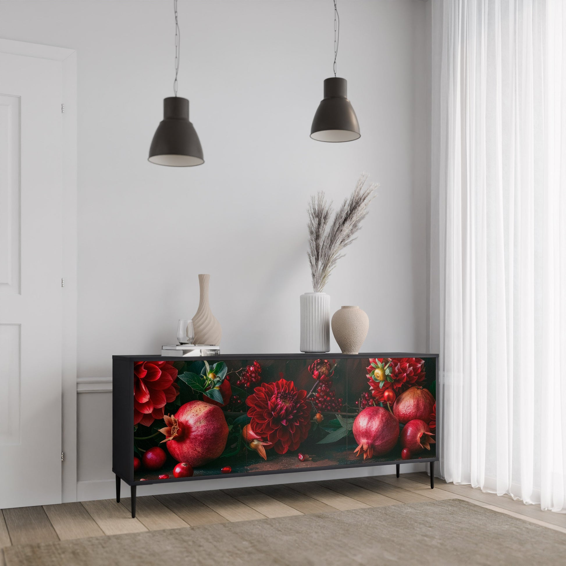 Buffet 3 portes DAHLIAS ET GRENADES en finition noire