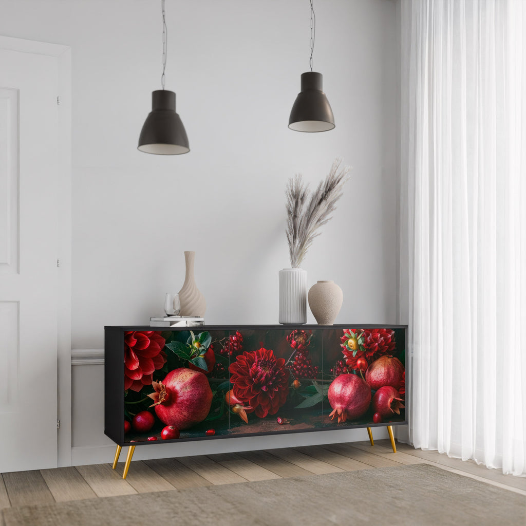 Buffet 3 portes DAHLIAS ET GRENADES en finition noire