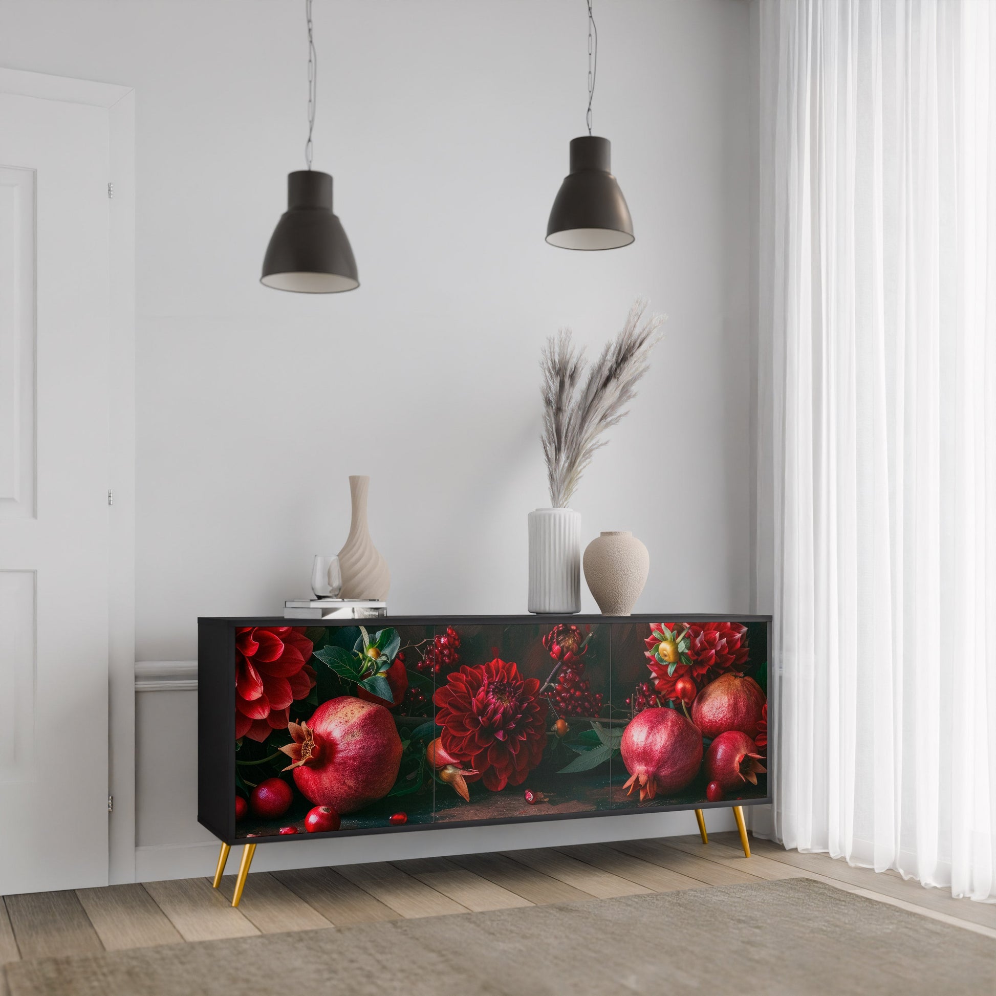 Buffet 3 portes DAHLIAS ET GRENADES en finition noire