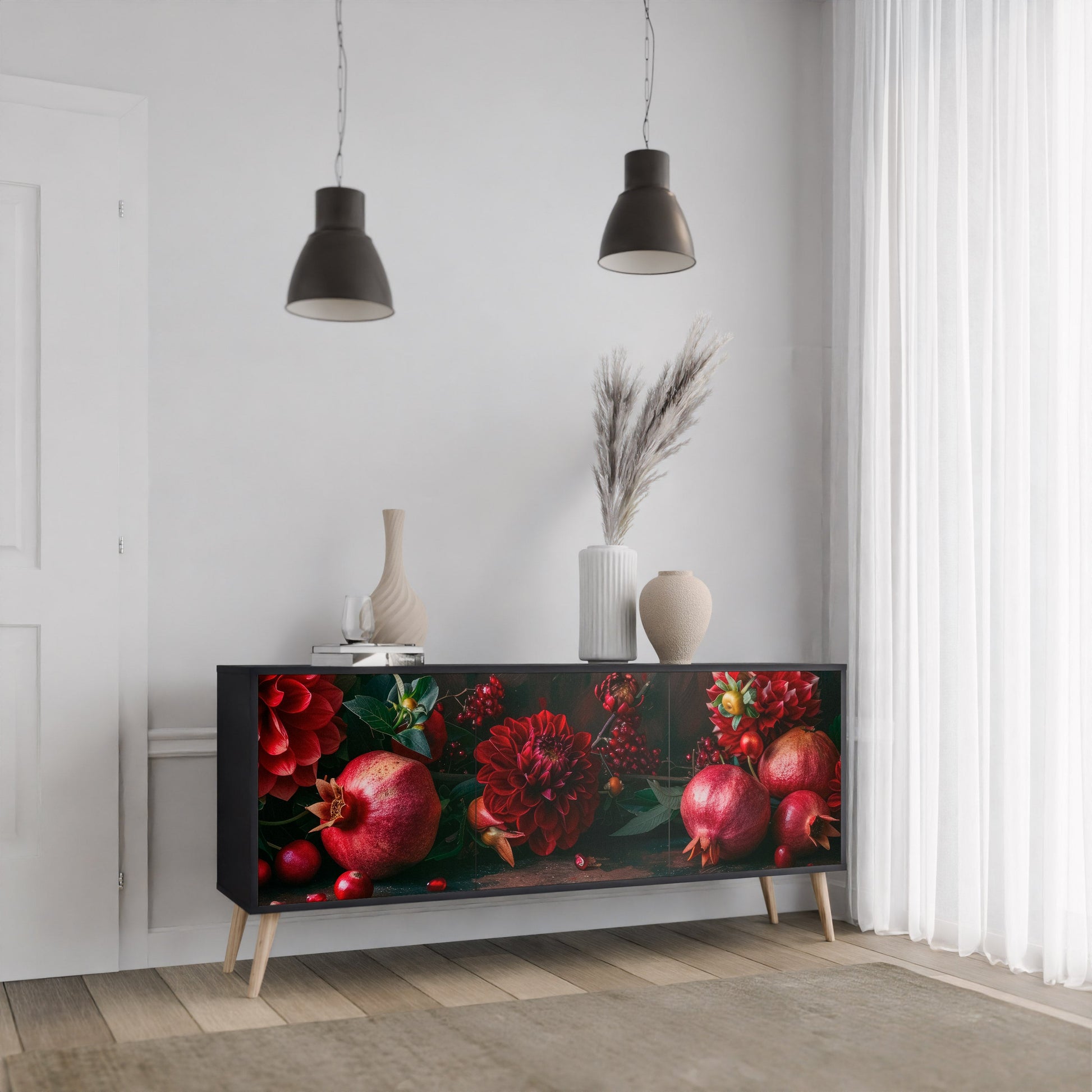 Buffet 3 portes DAHLIAS ET GRENADES en finition noire
