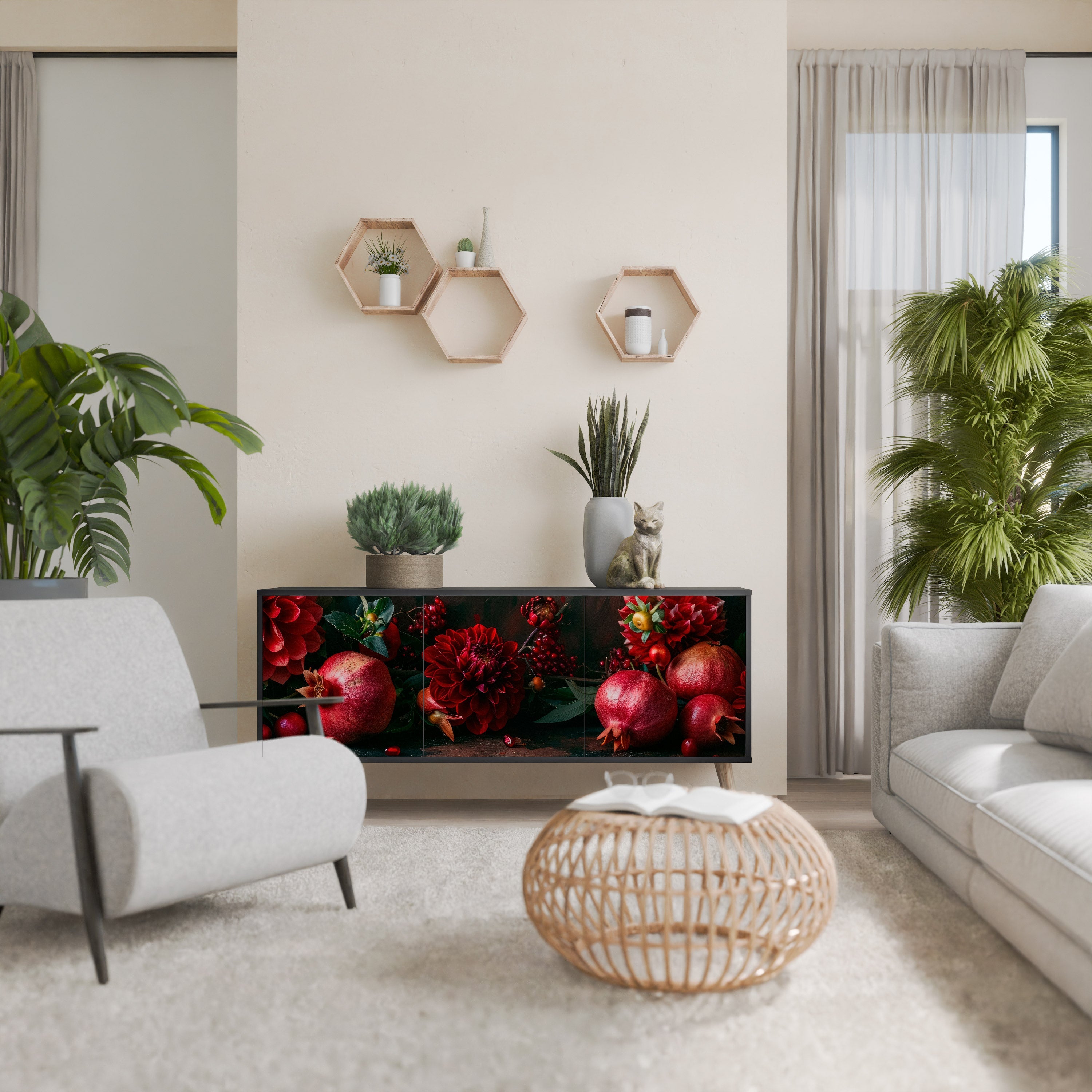 Buffet 3 portes DAHLIAS ET GRENADES en finition noire