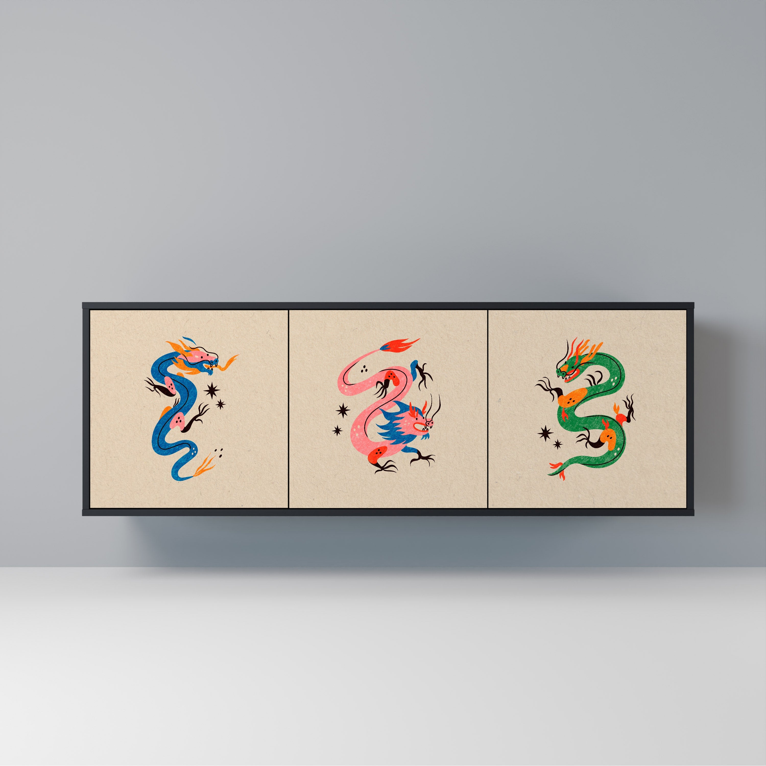 Buffet 3 portes CRÉATURES MYTHOLOGIQUES en finition noire