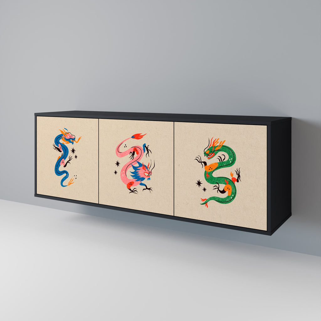 Buffet 3 portes CRÉATURES MYTHOLOGIQUES en finition noire