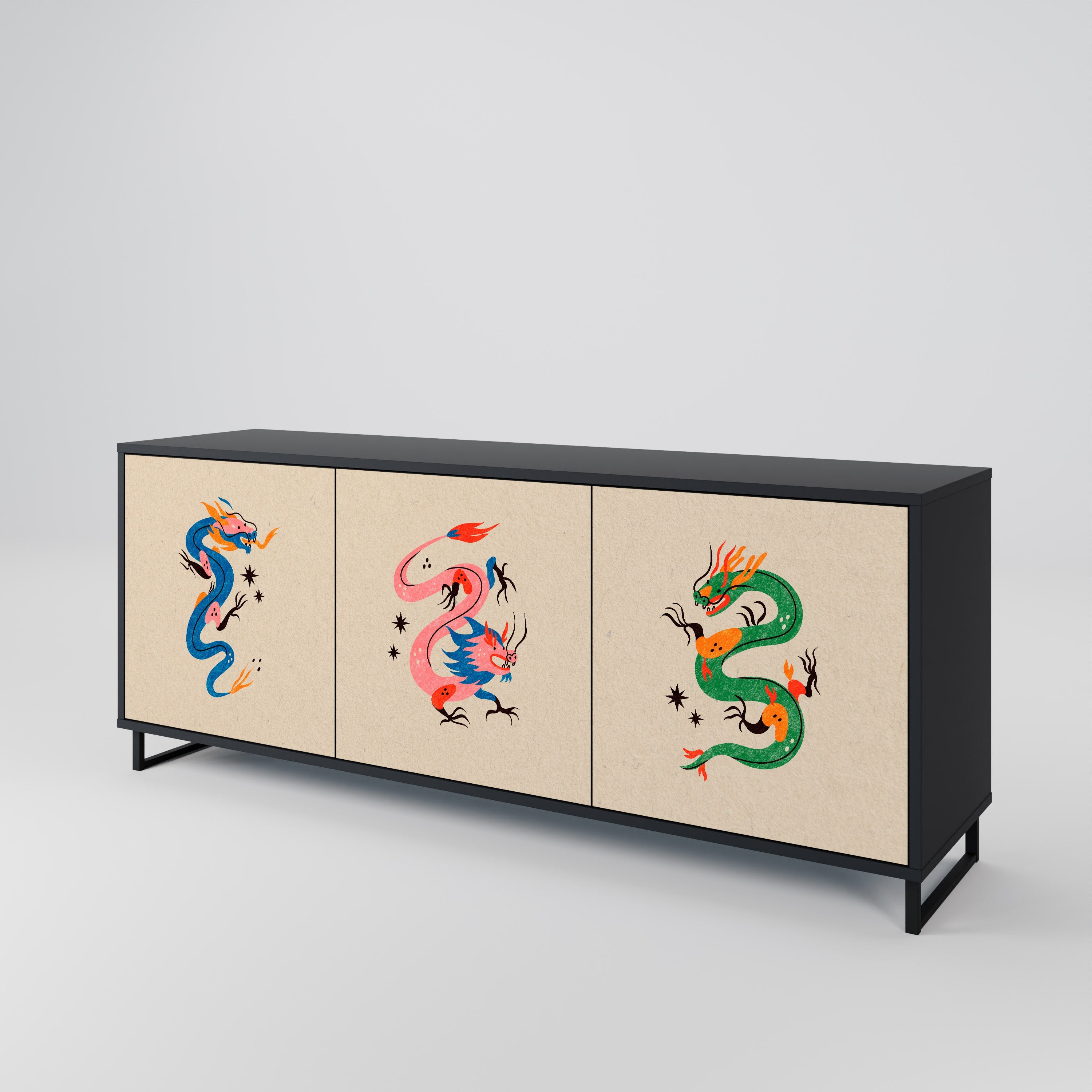 Buffet 3 portes CRÉATURES MYTHOLOGIQUES en finition noire