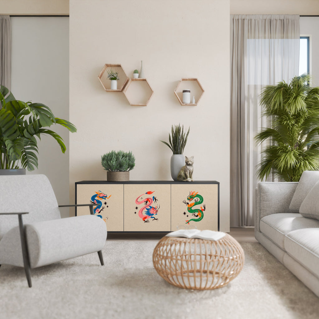 Buffet 3 portes CRÉATURES MYTHOLOGIQUES en finition noire