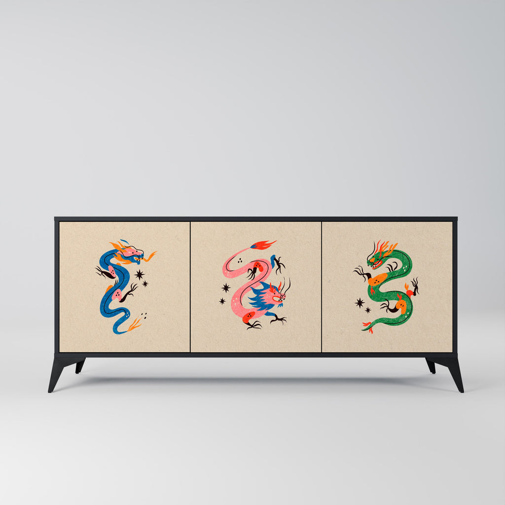 Buffet 3 portes CRÉATURES MYTHOLOGIQUES en finition noire