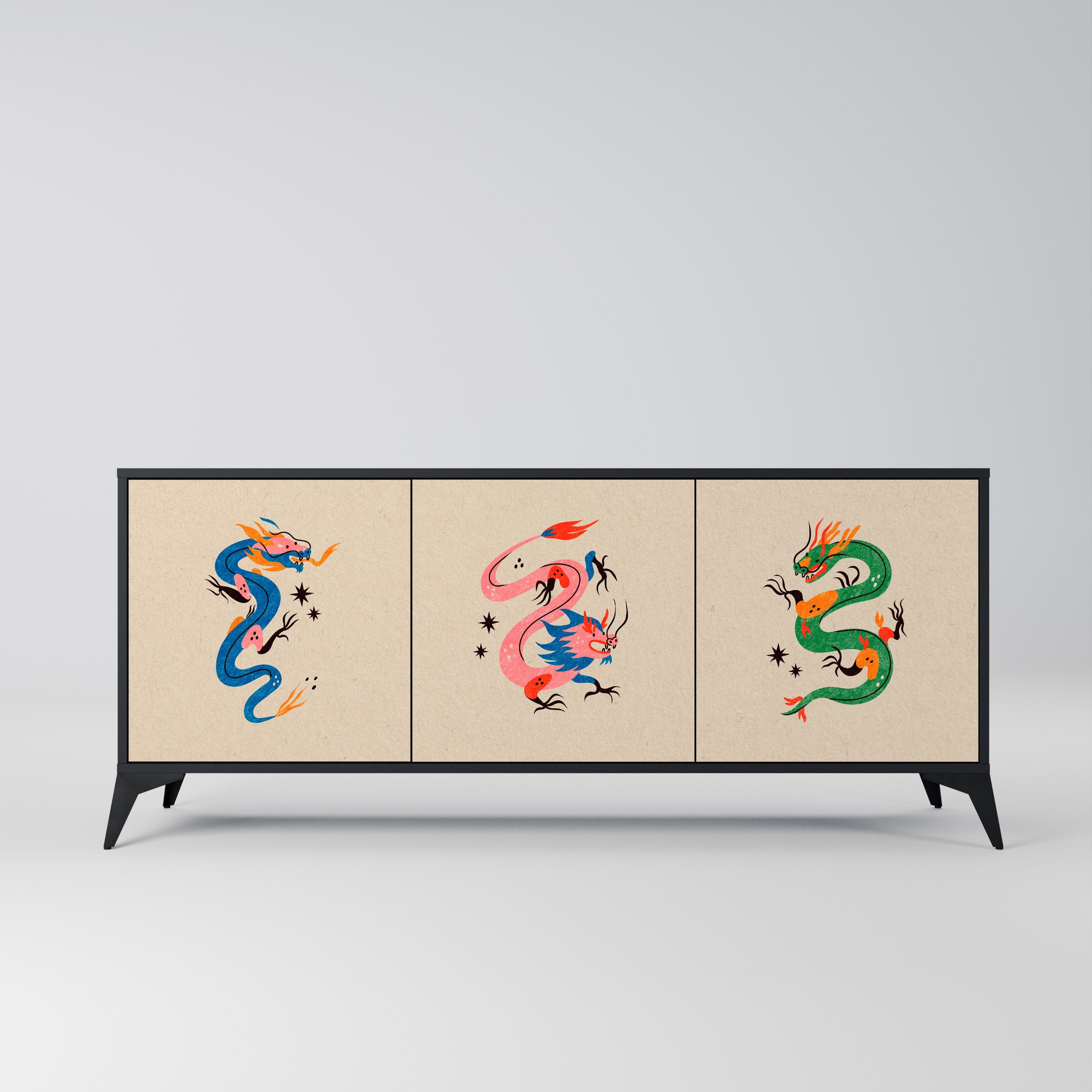 Buffet 3 portes CRÉATURES MYTHOLOGIQUES en finition noire