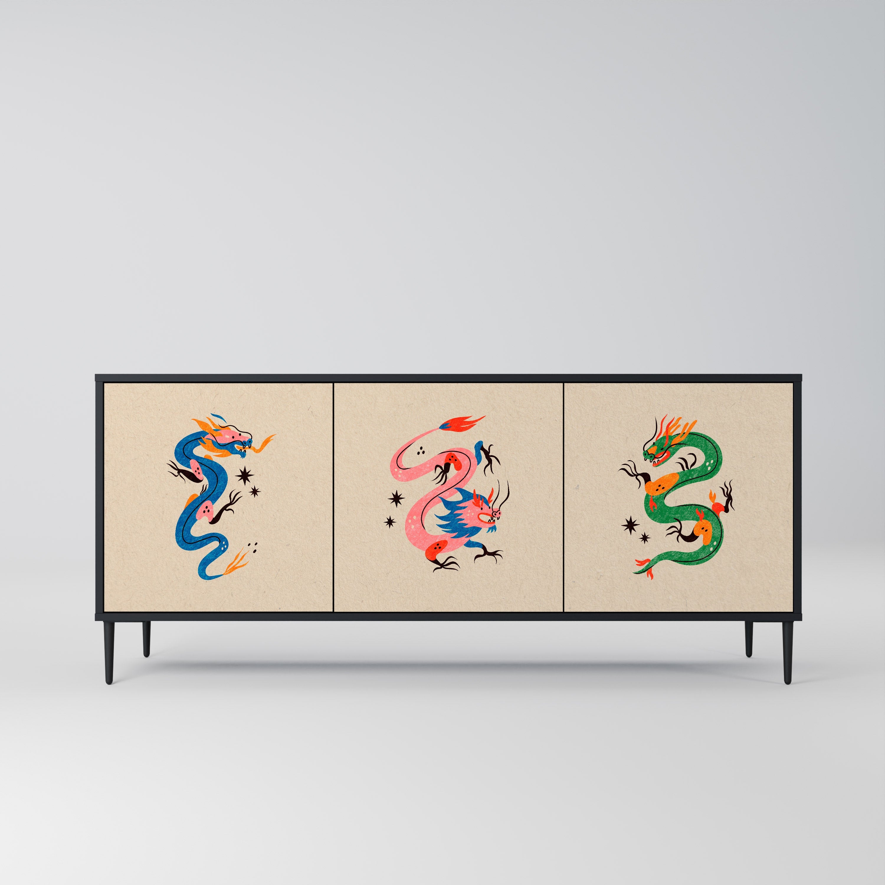 Buffet 3 portes CRÉATURES MYTHOLOGIQUES en finition noire