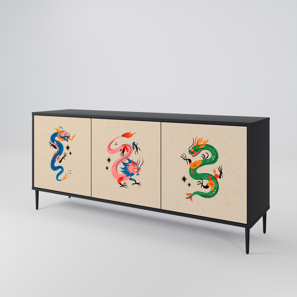 Buffet 3 portes CRÉATURES MYTHOLOGIQUES en finition noire