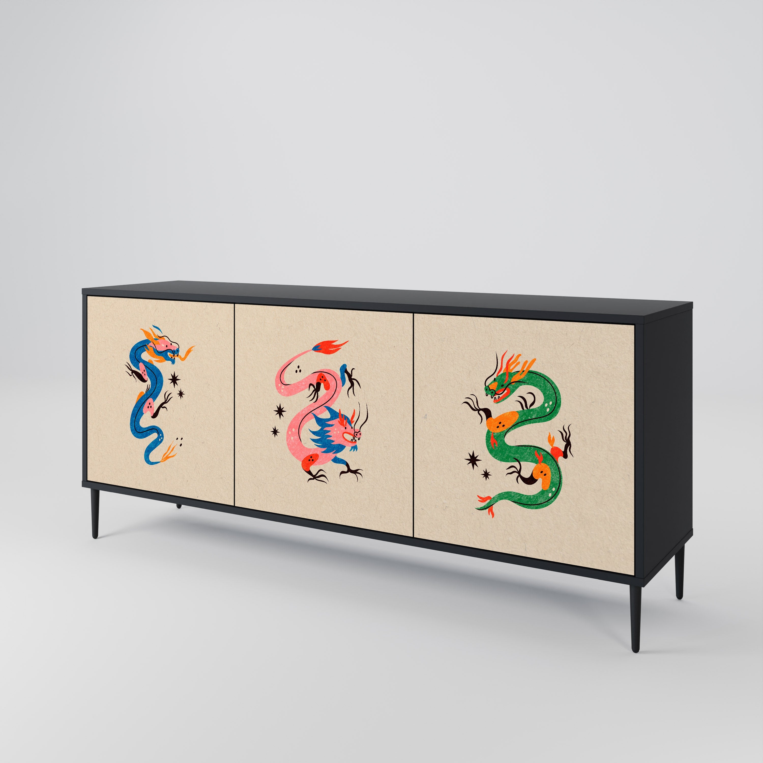 Buffet 3 portes CRÉATURES MYTHOLOGIQUES en finition noire