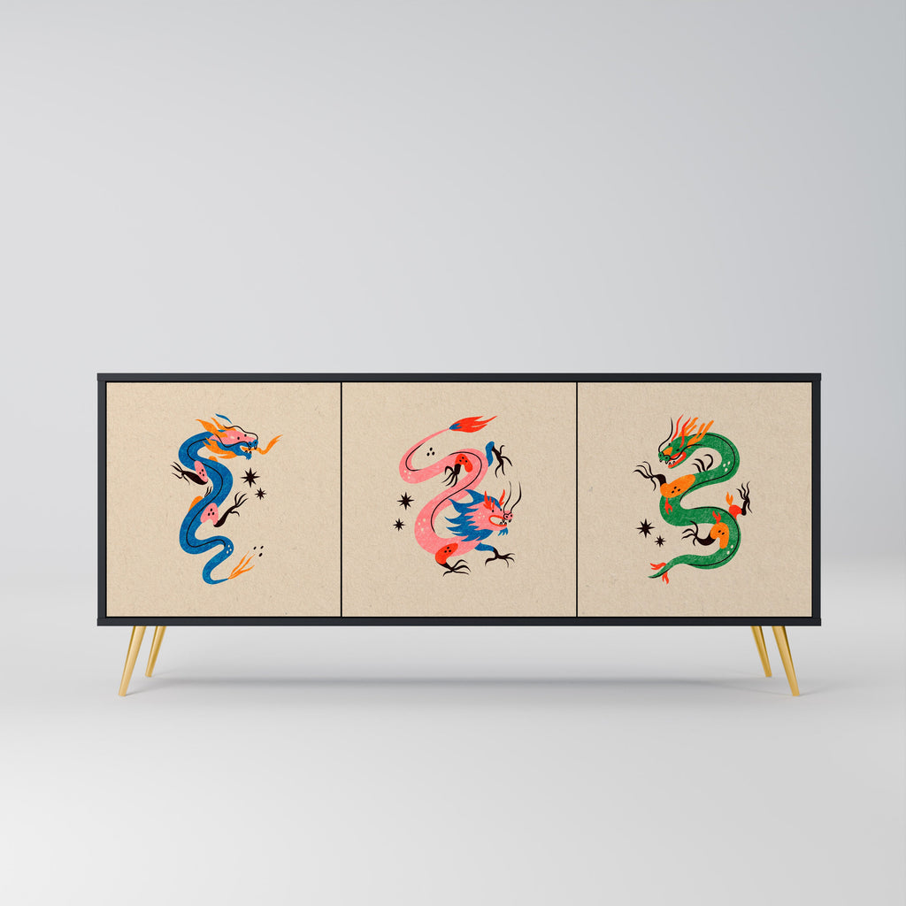 Buffet 3 portes CRÉATURES MYTHOLOGIQUES en finition noire