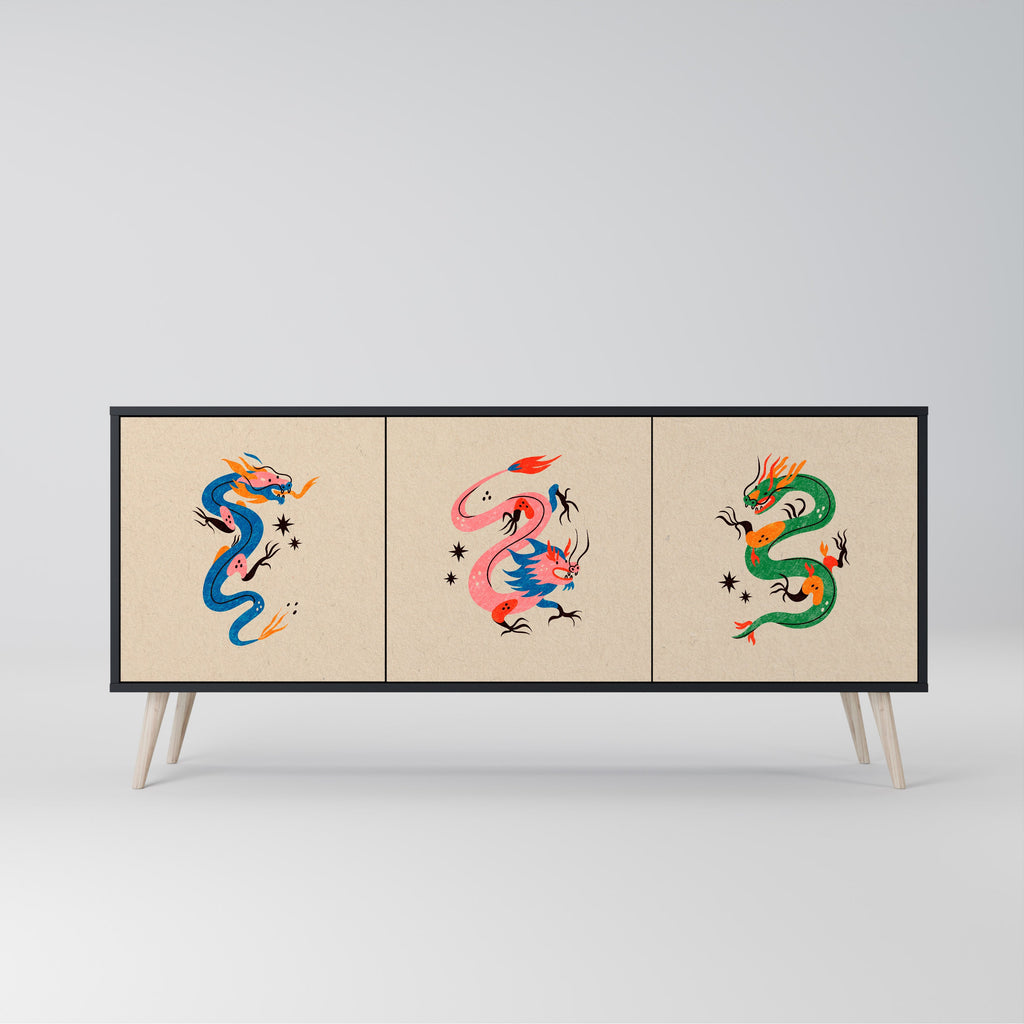 Buffet 3 portes CRÉATURES MYTHOLOGIQUES en finition noire