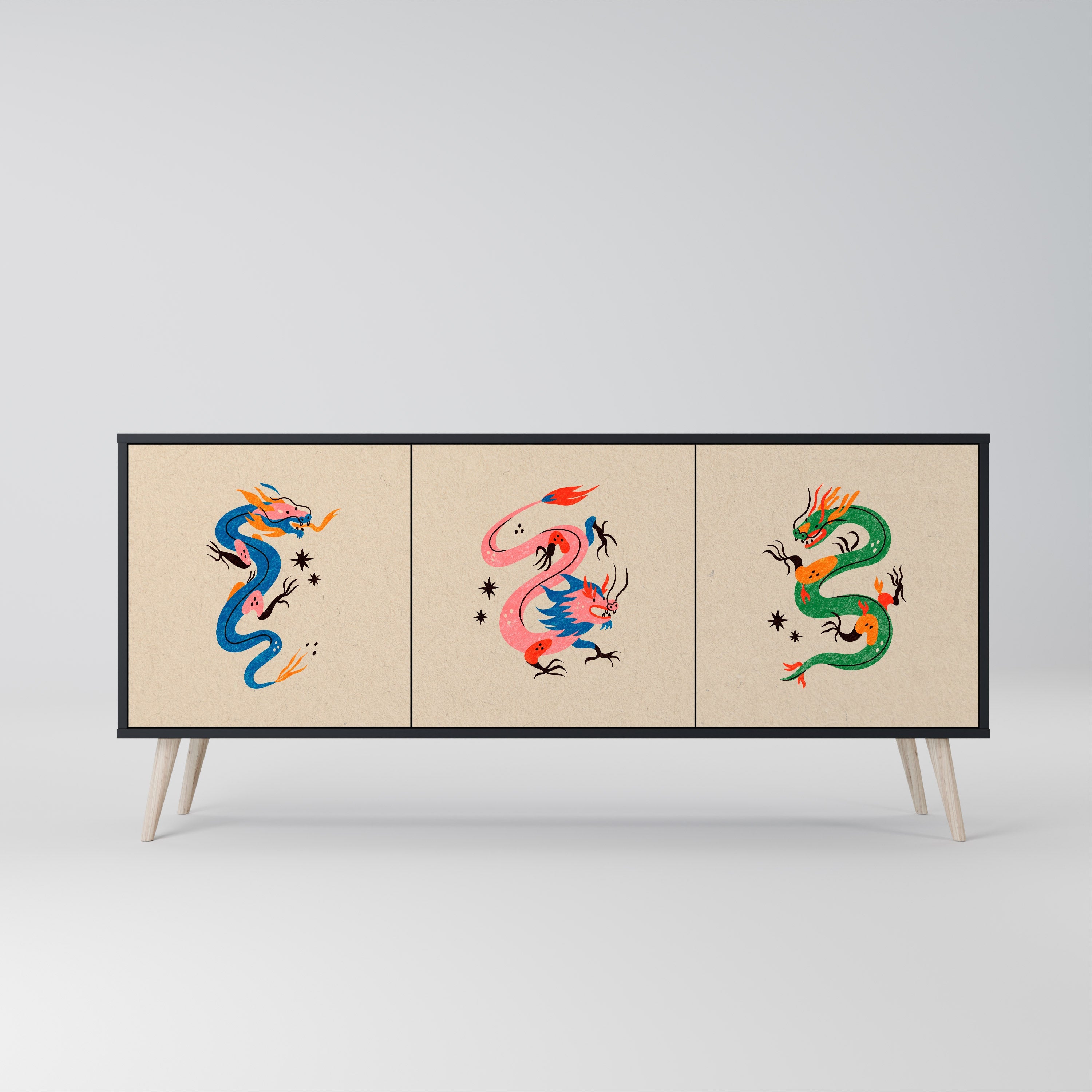 Buffet 3 portes CRÉATURES MYTHOLOGIQUES en finition noire