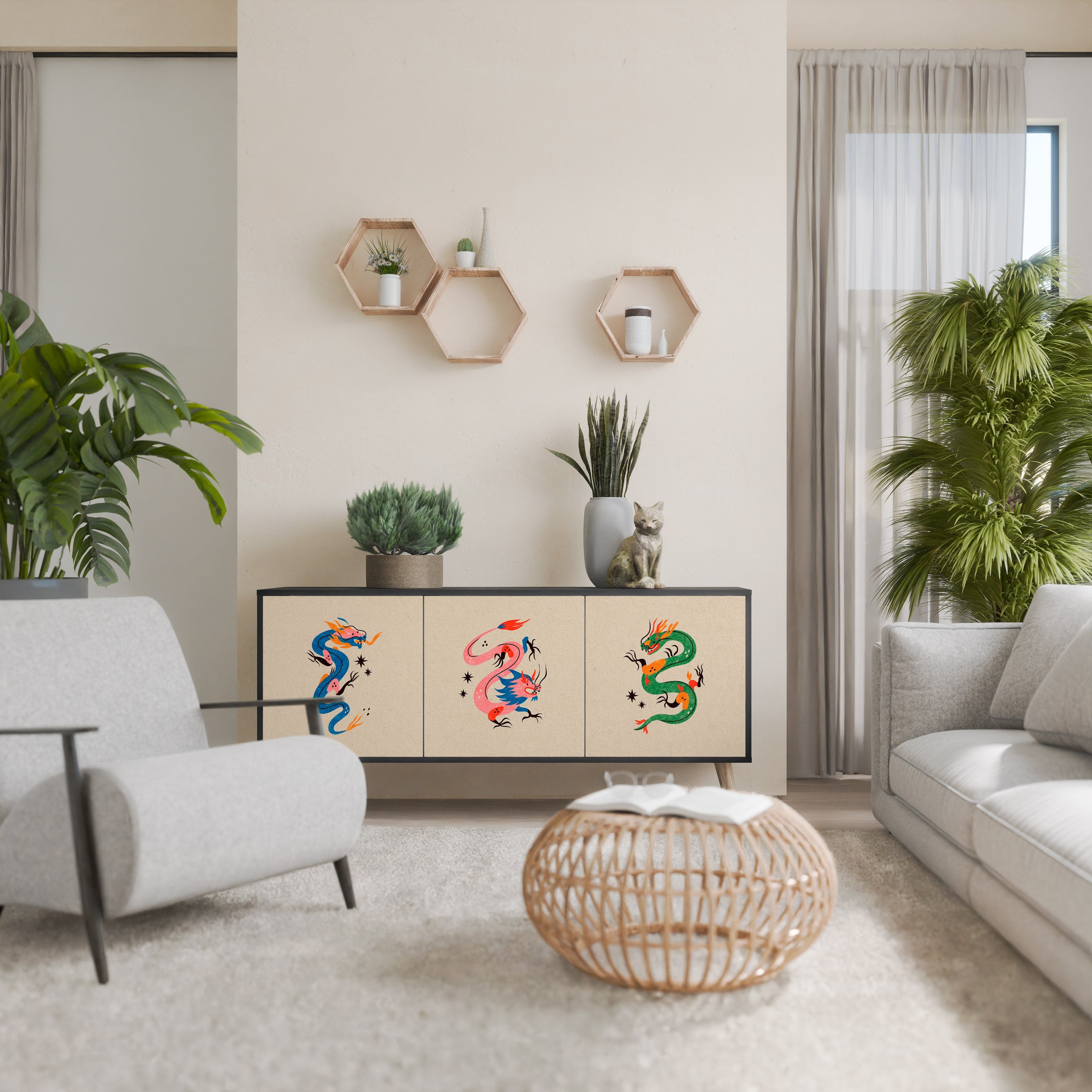 Buffet 3 portes CRÉATURES MYTHOLOGIQUES en finition noire