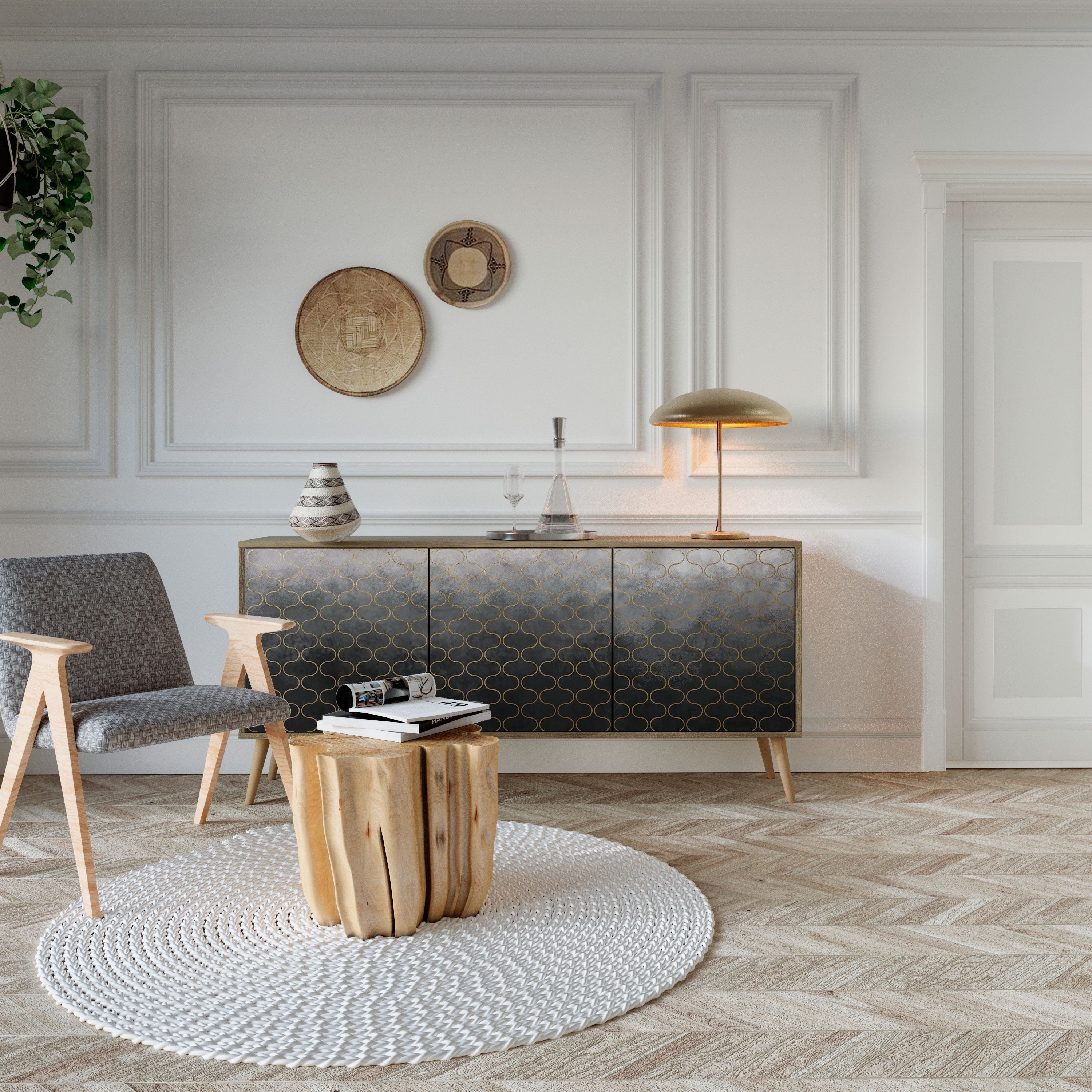 Buffet 3 portes grisâtre à motif mosaïque effet chêne