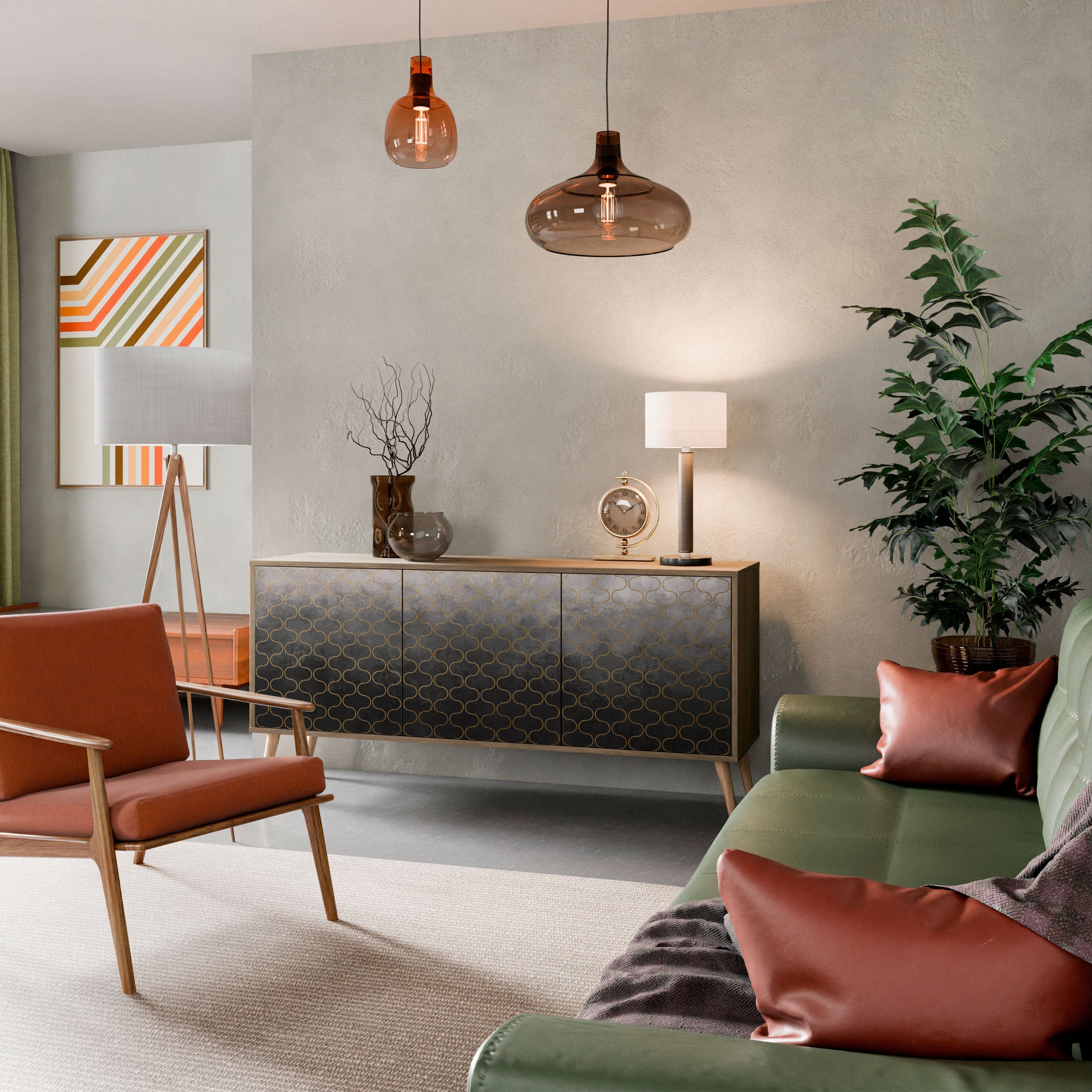 Buffet 3 portes grisâtre à motif mosaïque effet chêne