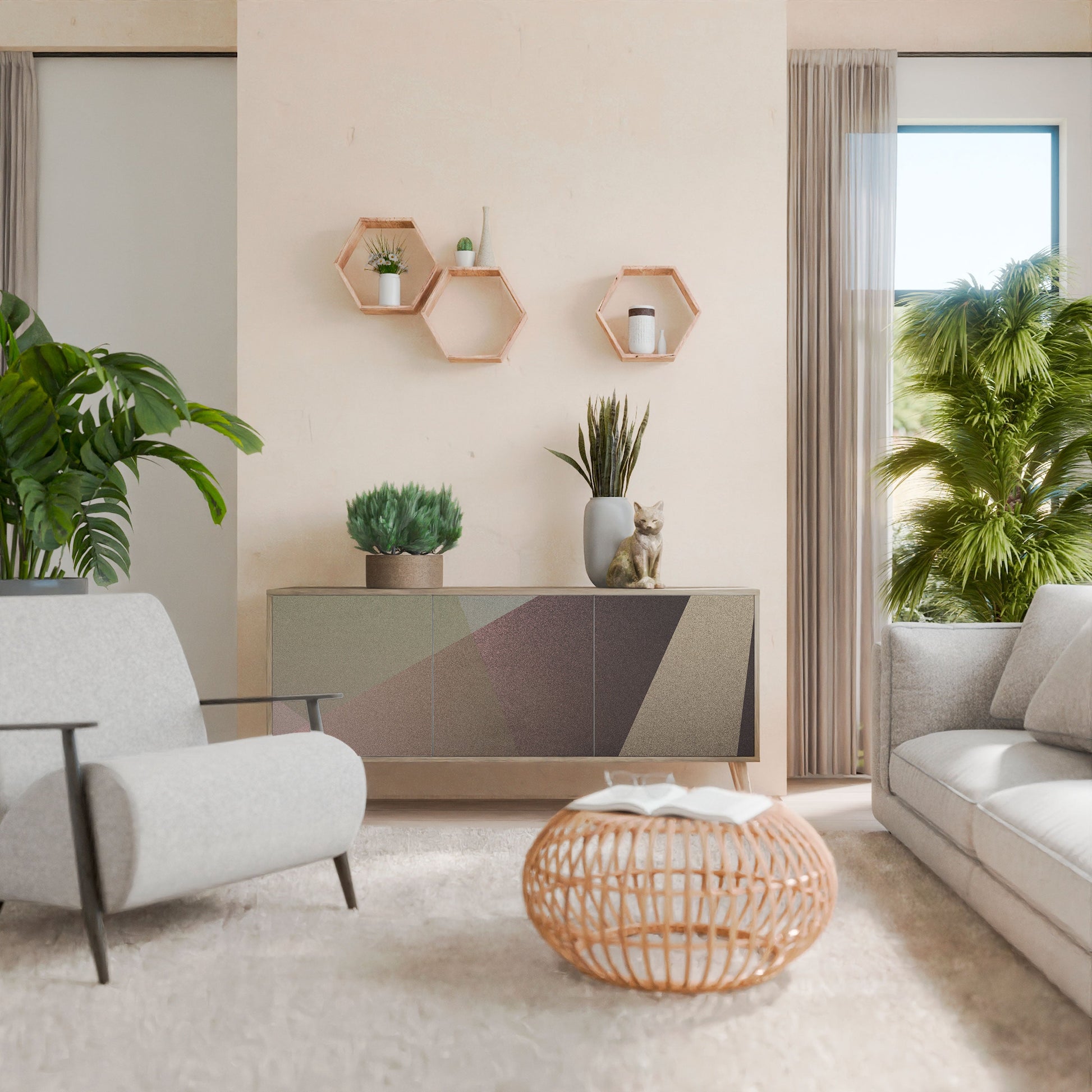 Buffet 3 portes effet chêne BEIGE GEOMETRY