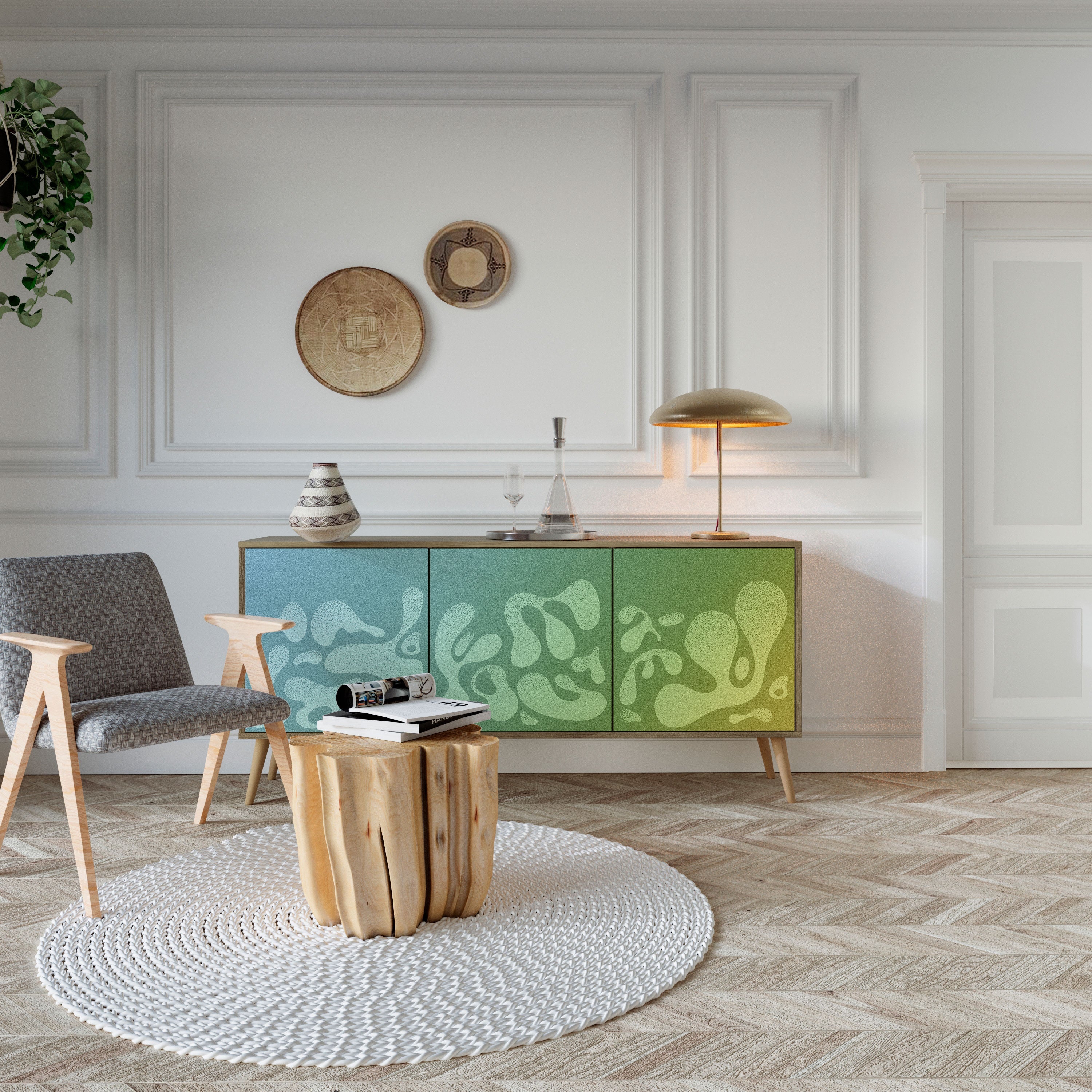 Buffet 3 portes IRREGULAR BLUE effet chêne