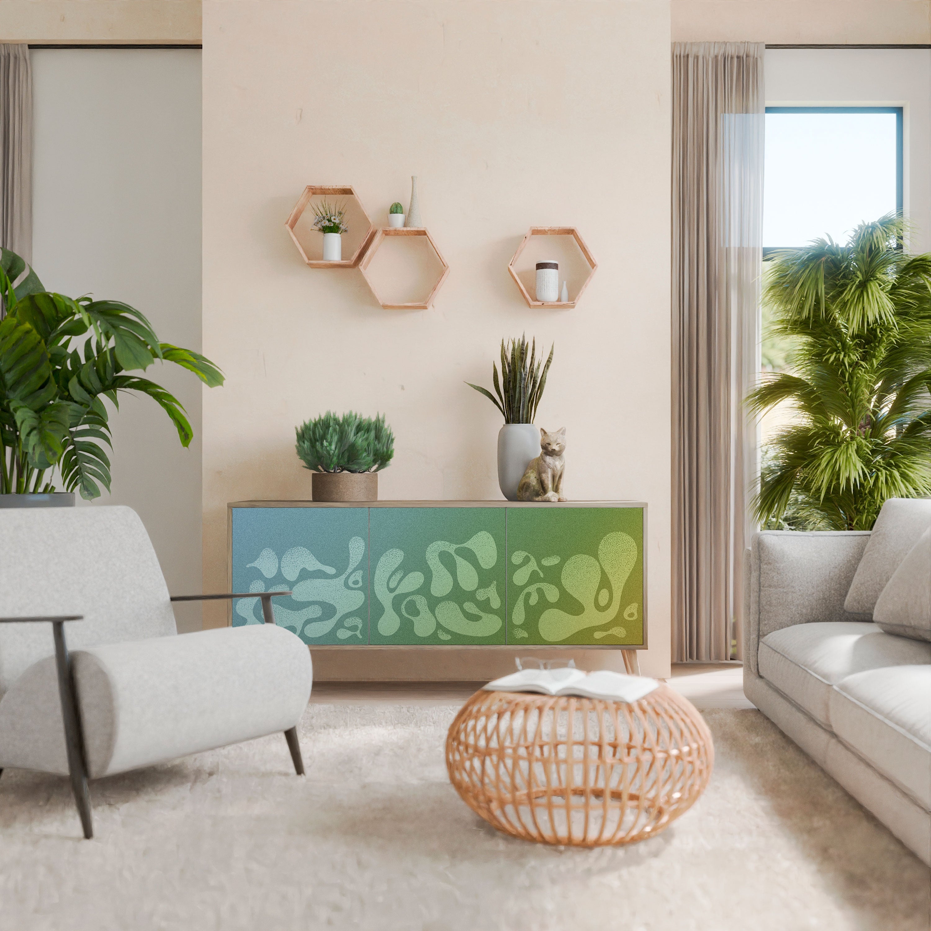 Buffet 3 portes IRREGULAR BLUE effet chêne