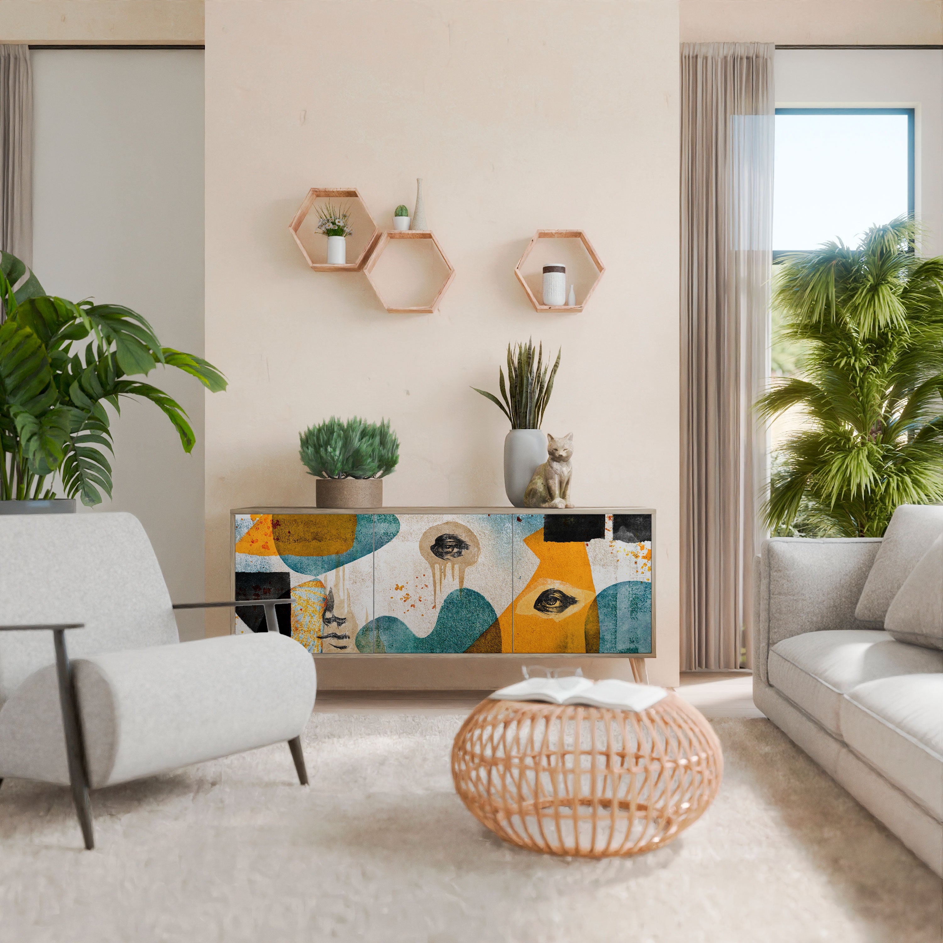 Buffet 3 portes ABSTRACT FACES effet chêne