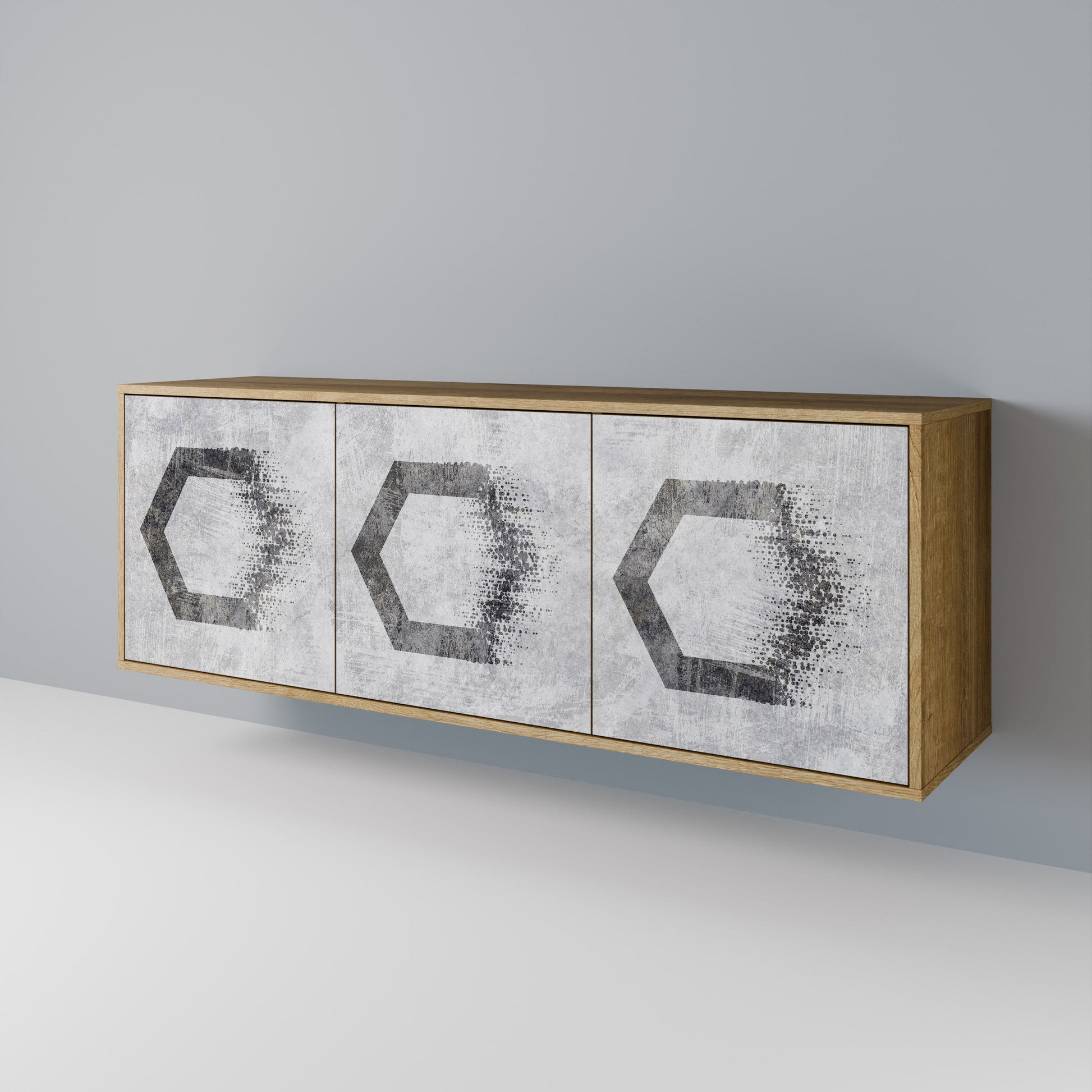 Buffet 3 portes à motifs hexagonaux effet chêne