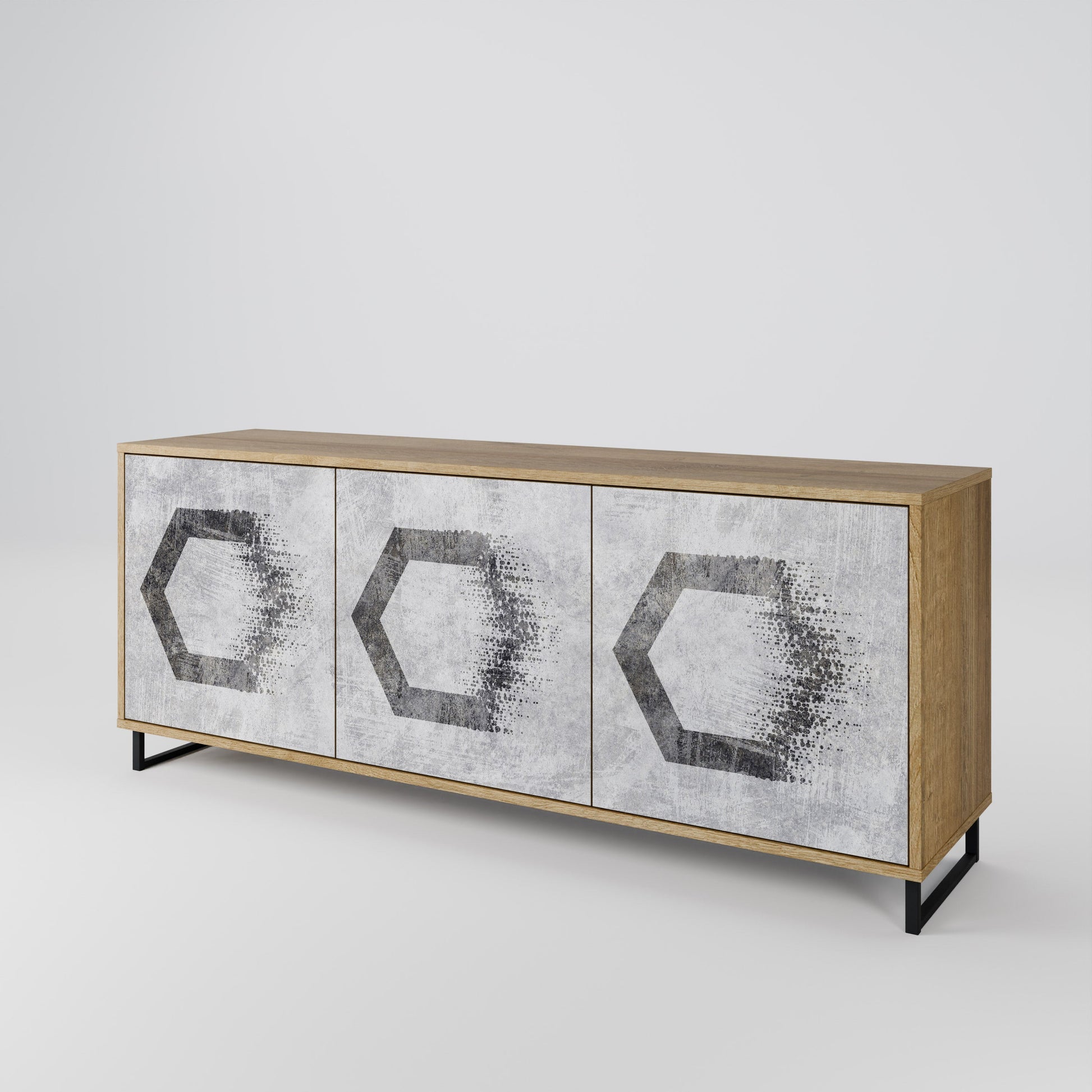 Buffet 3 portes à motifs hexagonaux effet chêne