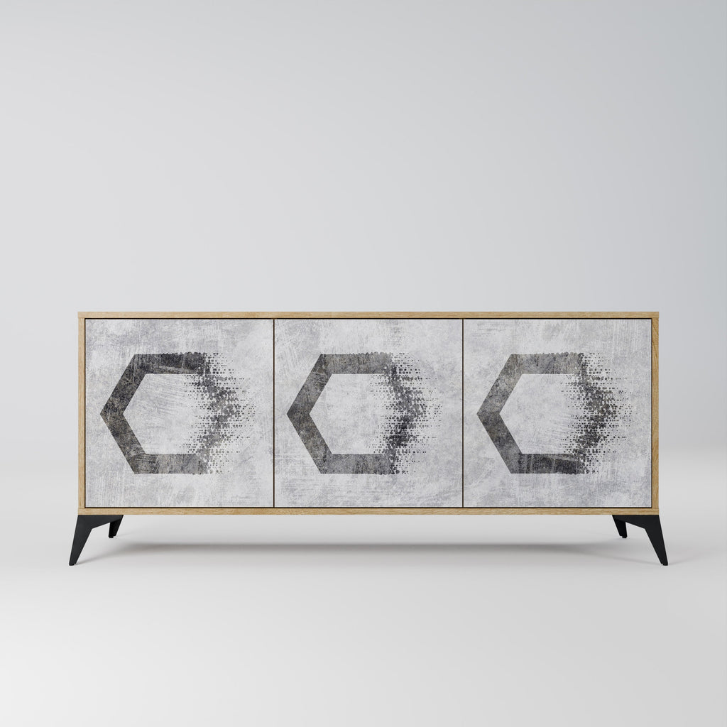 Buffet 3 portes à motifs hexagonaux effet chêne