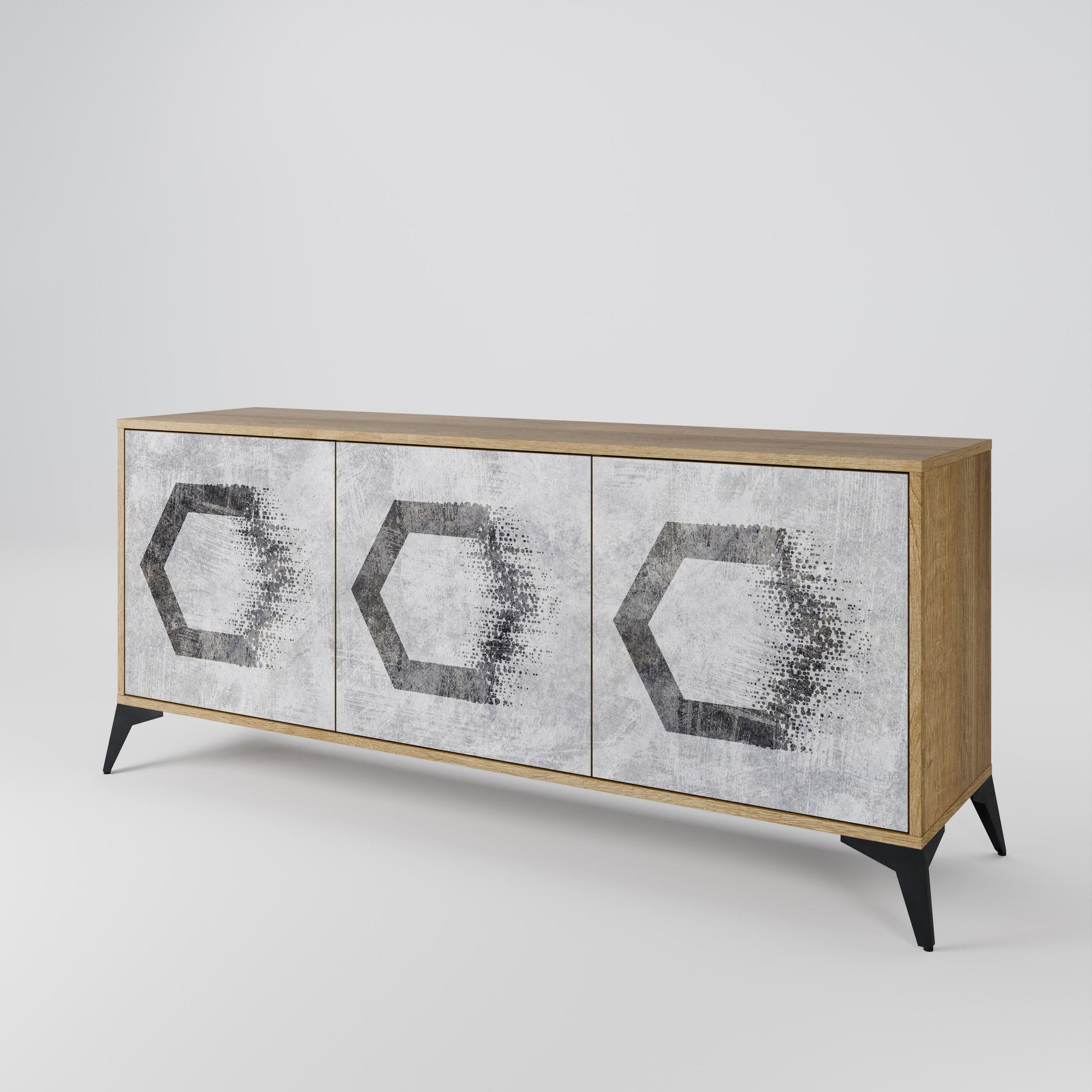 Buffet 3 portes à motifs hexagonaux effet chêne