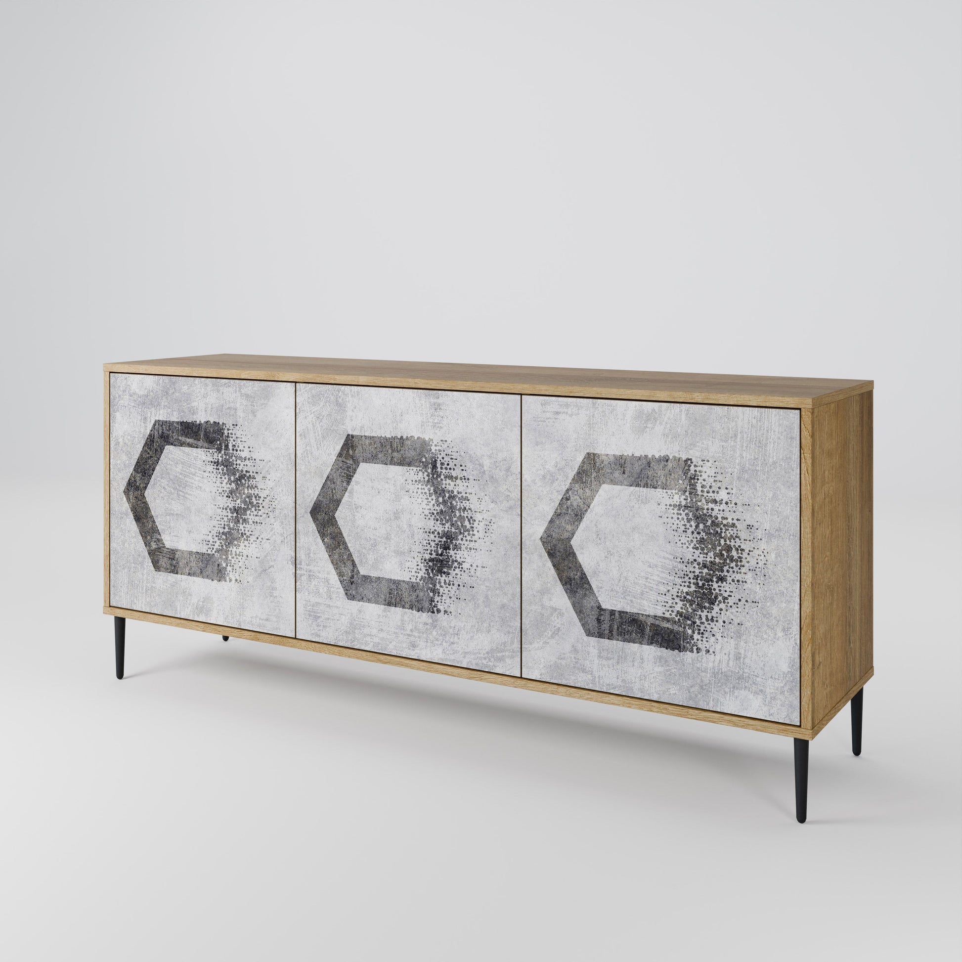 Buffet 3 portes à motifs hexagonaux effet chêne