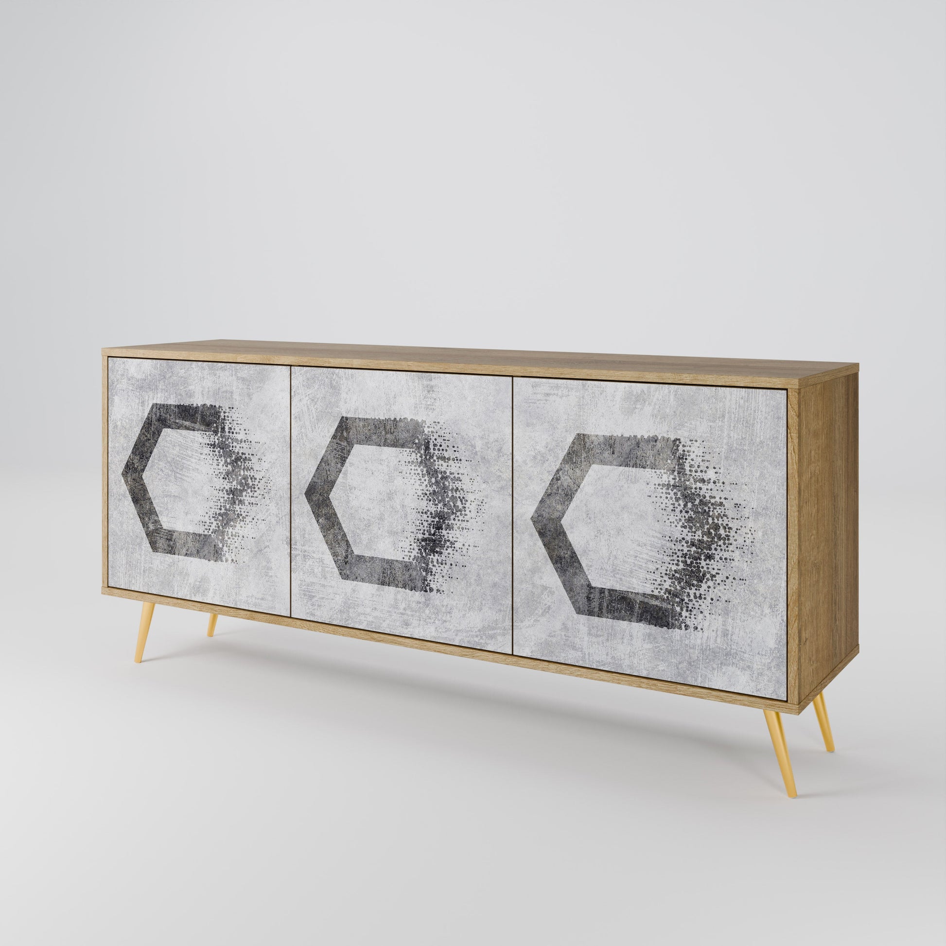 Buffet 3 portes à motifs hexagonaux effet chêne