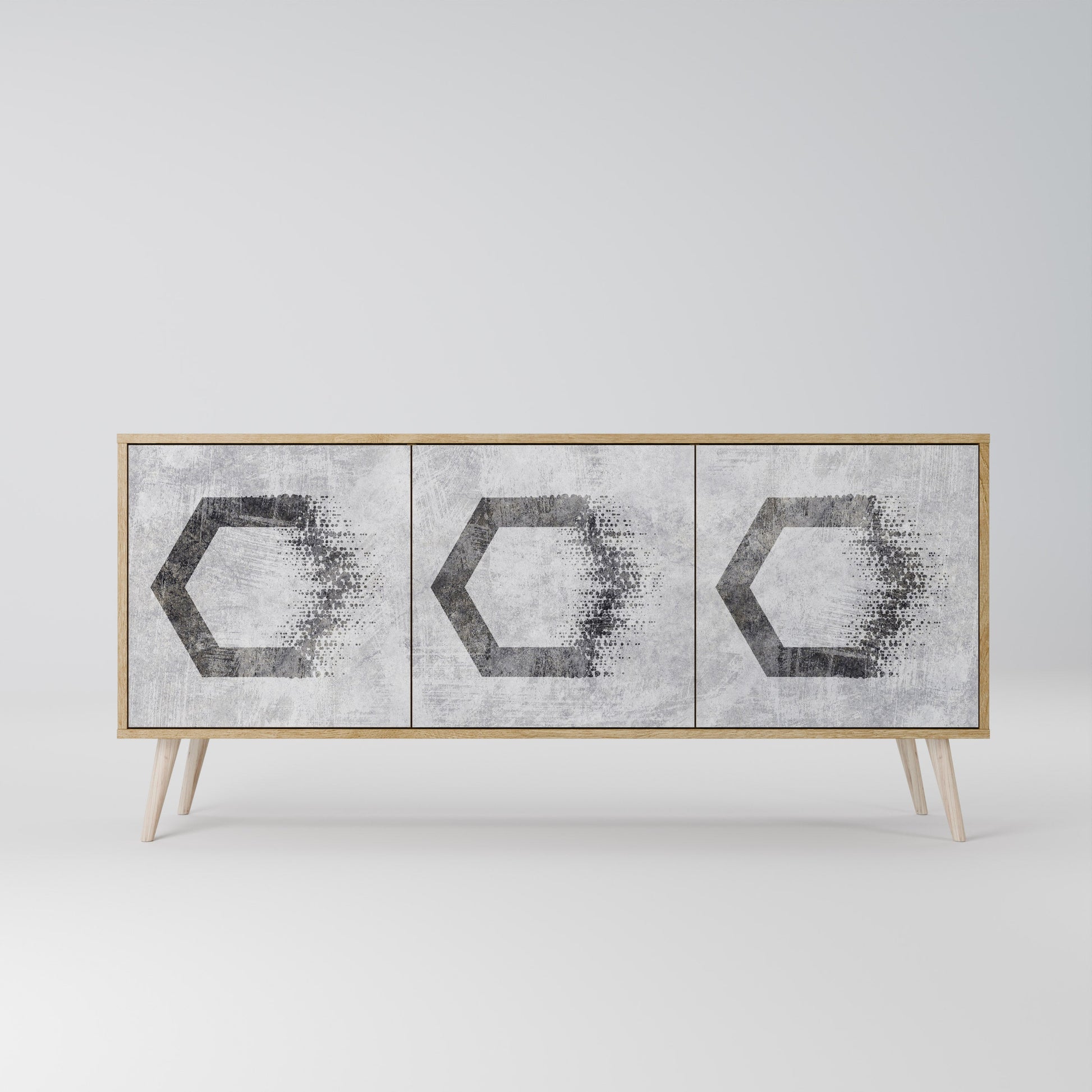 Buffet 3 portes à motifs hexagonaux effet chêne