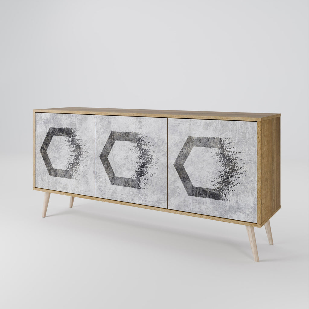 Buffet 3 portes à motifs hexagonaux effet chêne