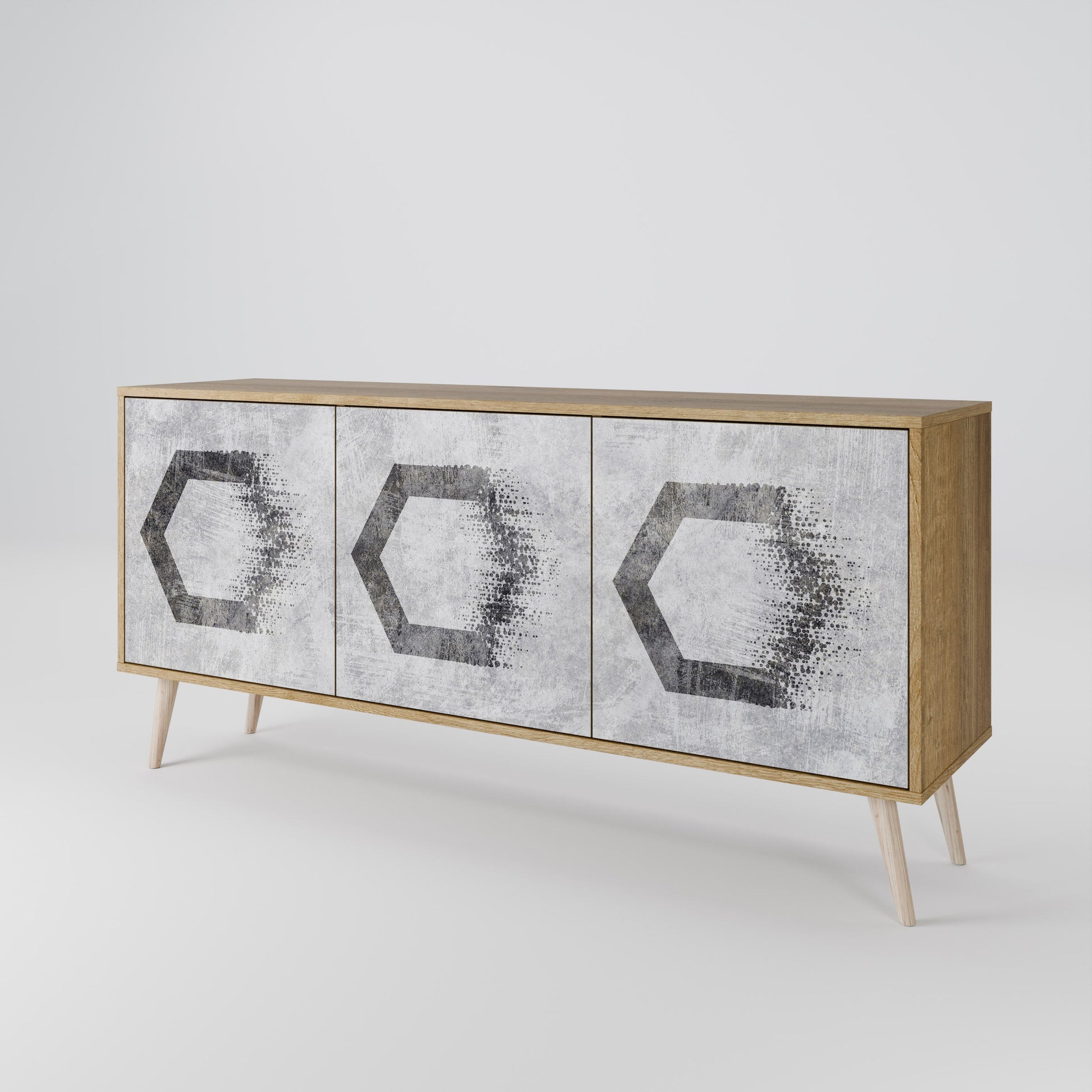 Buffet 3 portes à motifs hexagonaux effet chêne