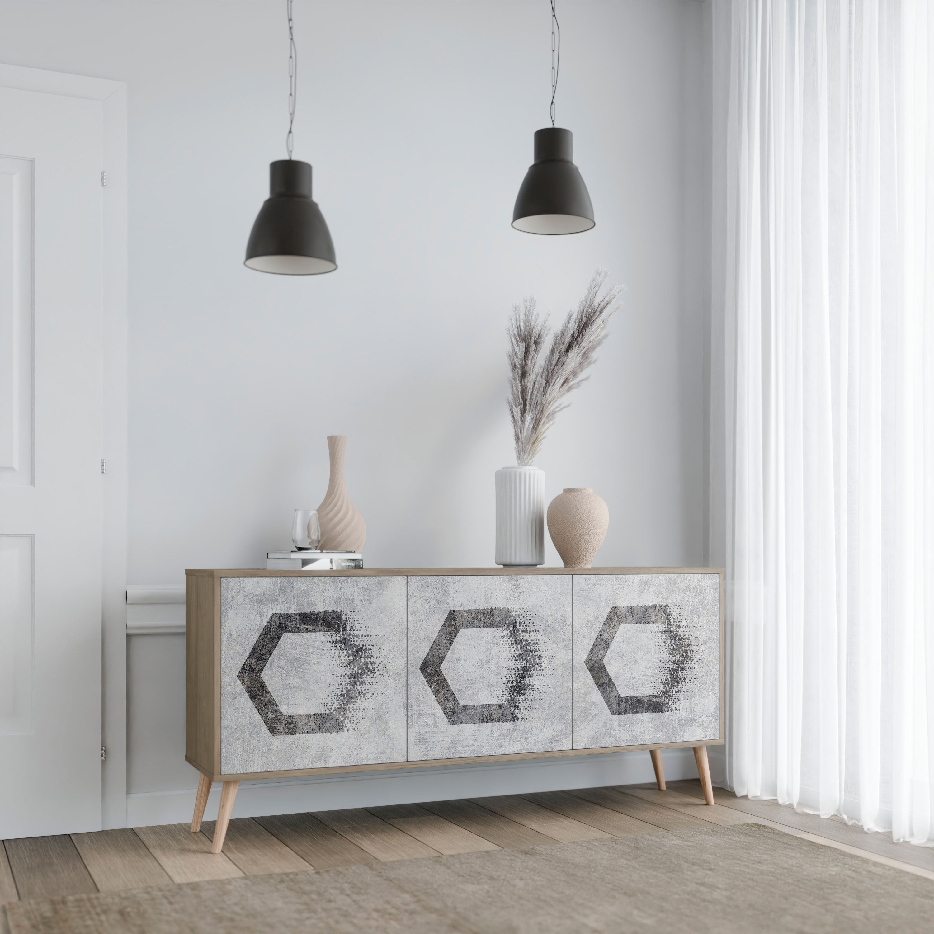 Buffet 3 portes à motifs hexagonaux effet chêne