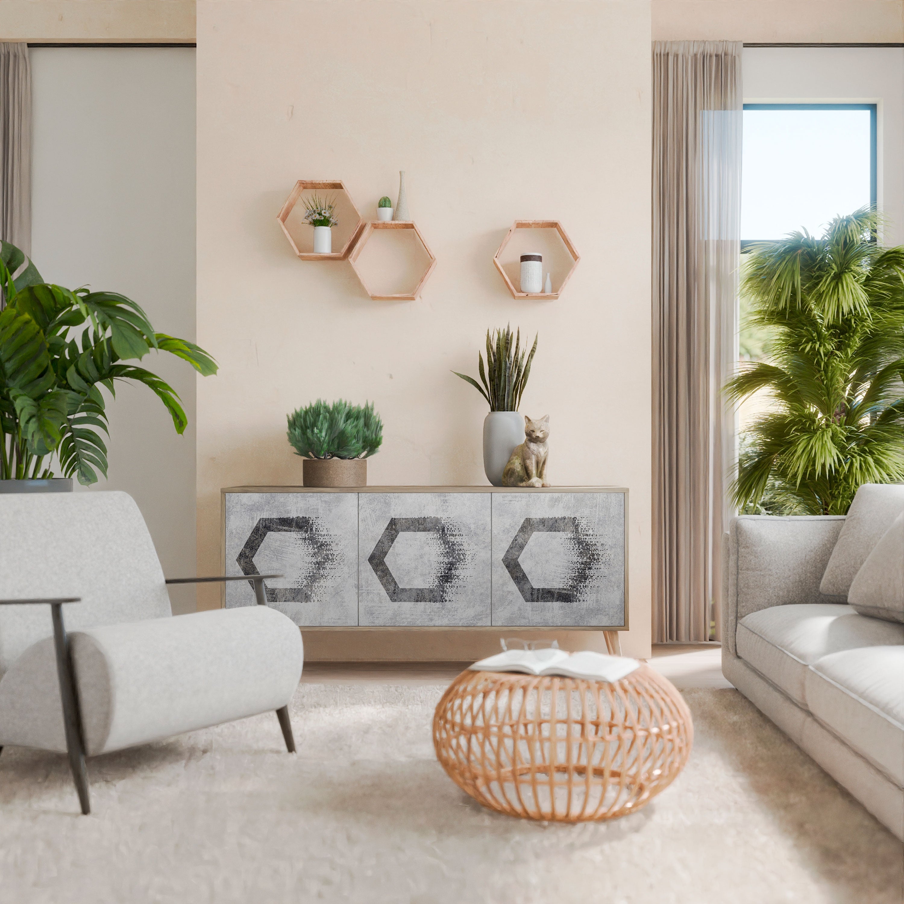 Buffet 3 portes à motifs hexagonaux effet chêne