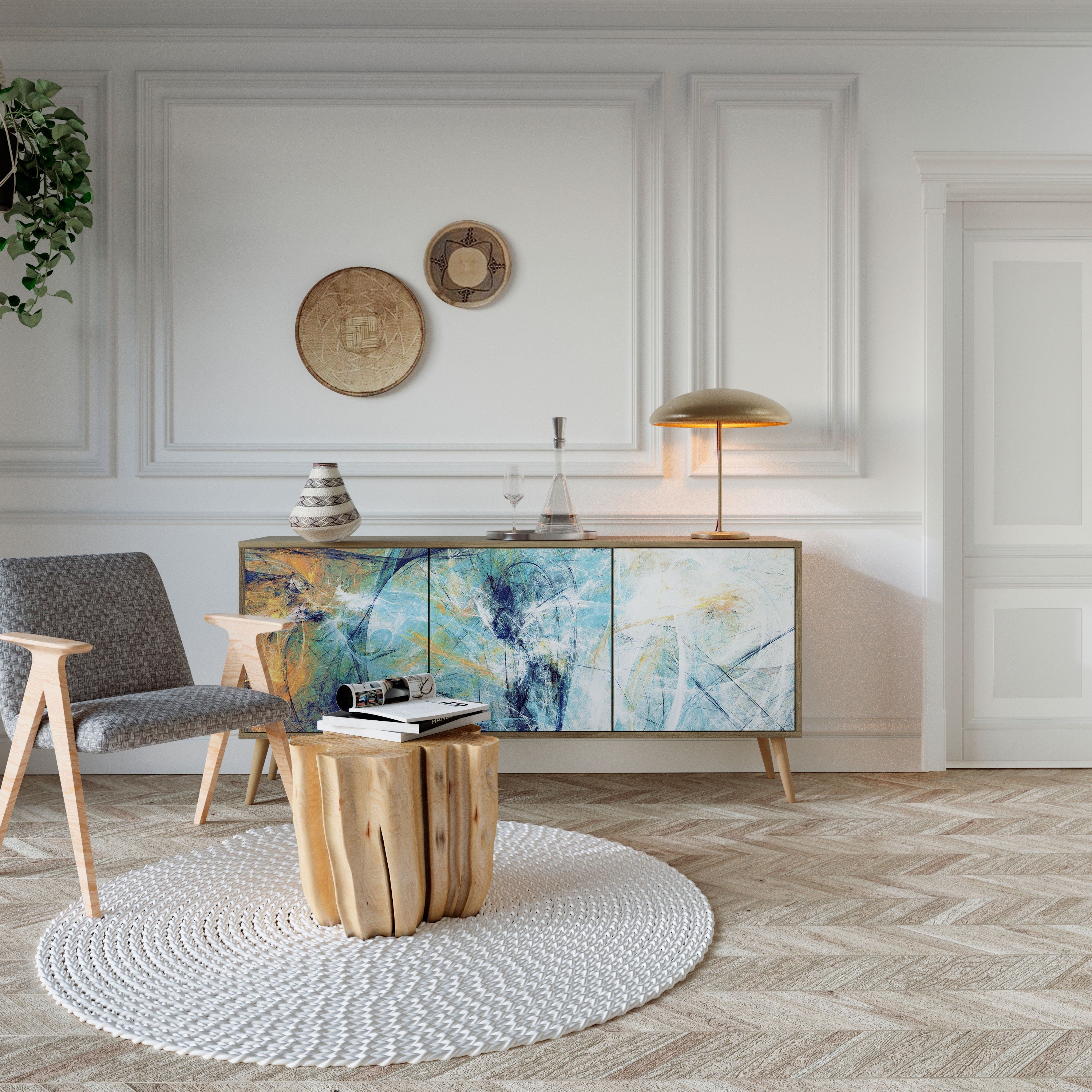 RÉFLEXIONS ABSTRAITES Buffet 3 portes effet chêne