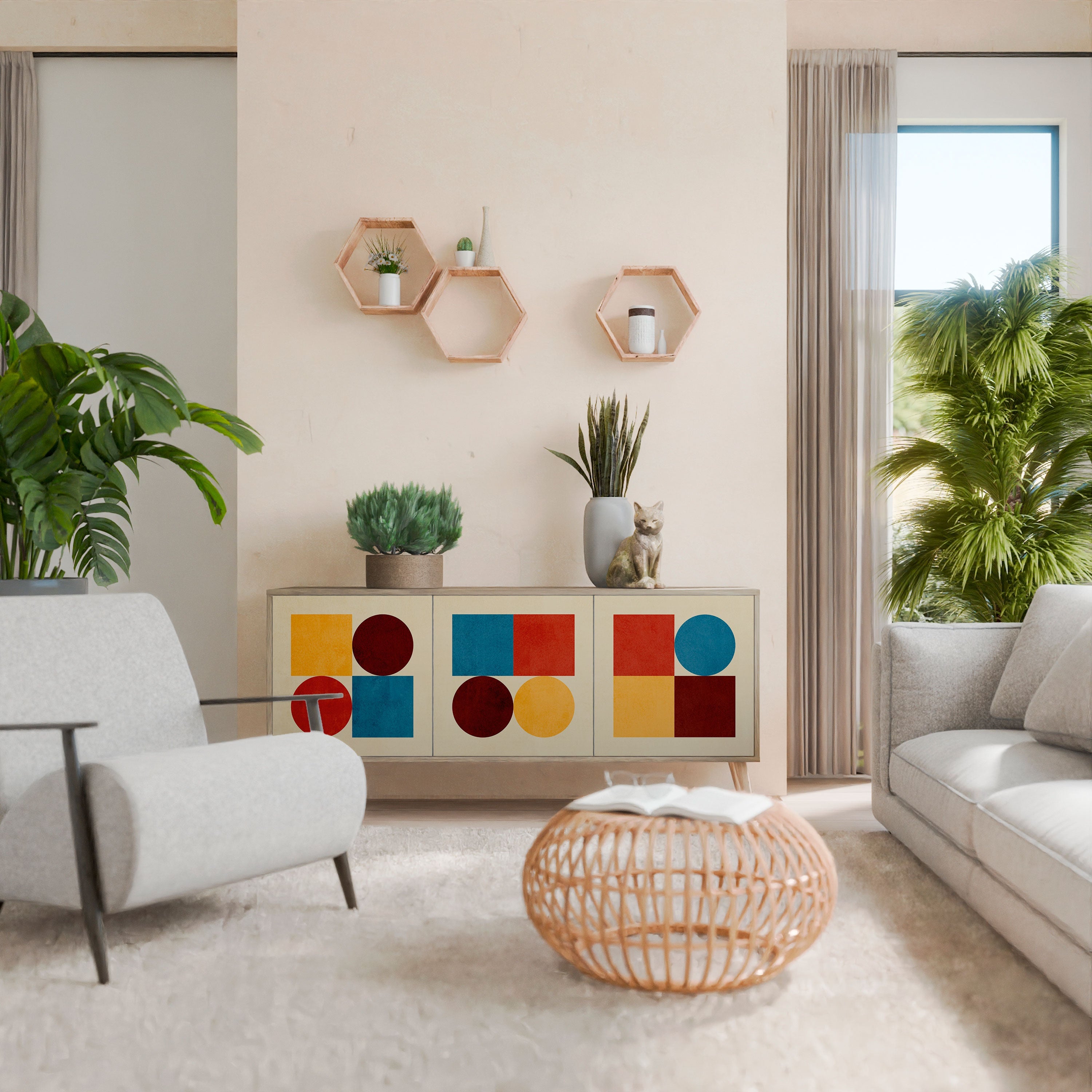 Buffet 3 portes PUZZLE GÉOMÉTRIQUE effet chêne