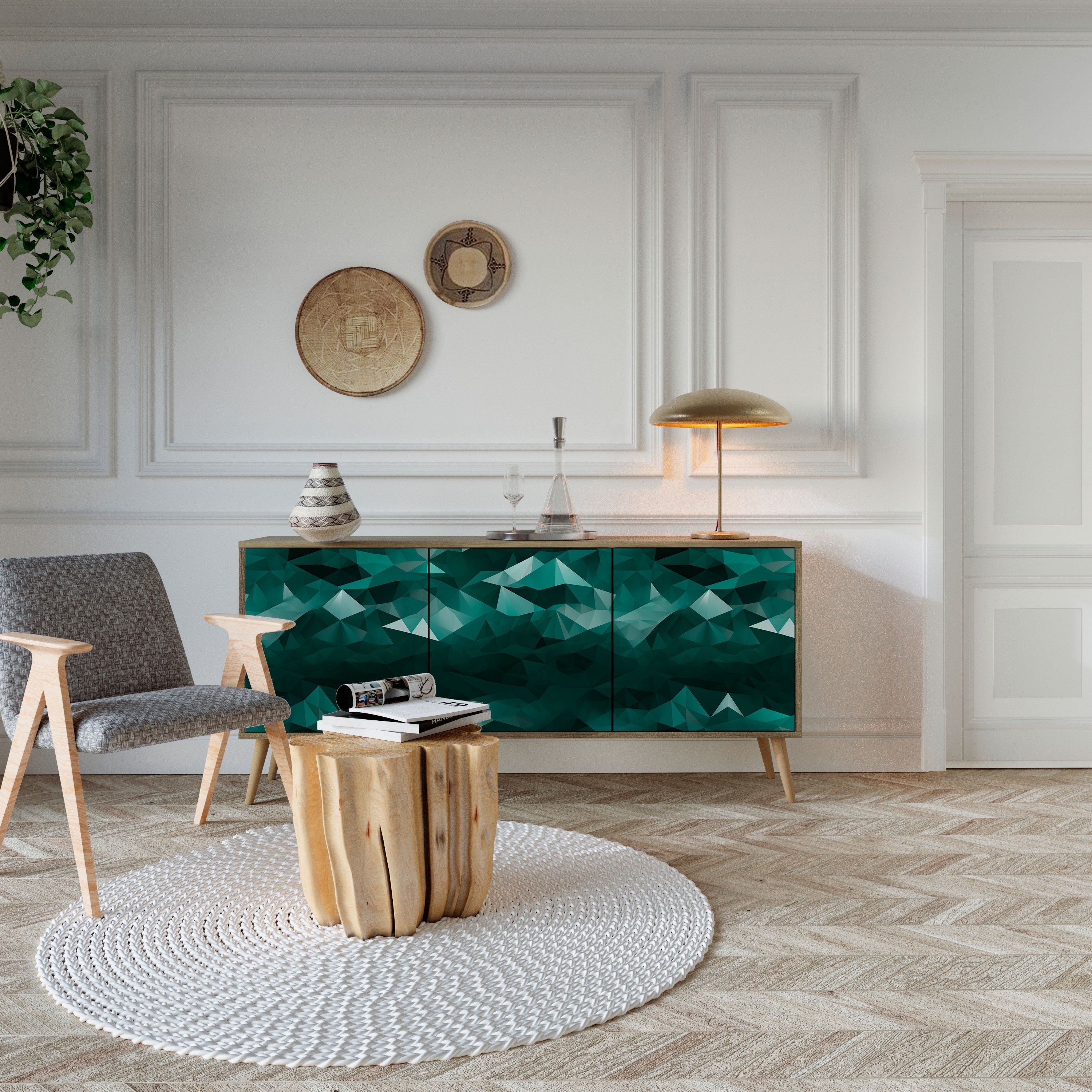 Buffet flottant polygonal à 3 portes effet chêne